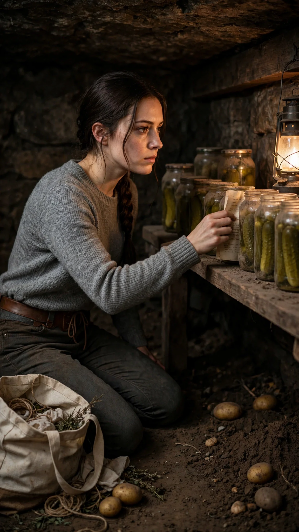Elowen kneels in the cellar, sliding the folded copy behind the pickle jars.