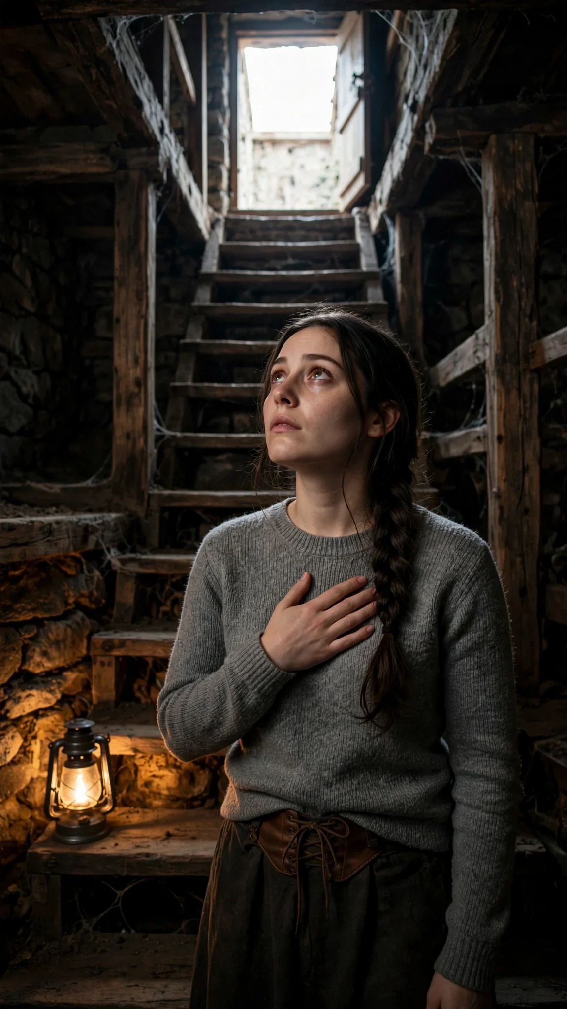 Elowen stands at the bottom of the cellar steps looking up at the light.