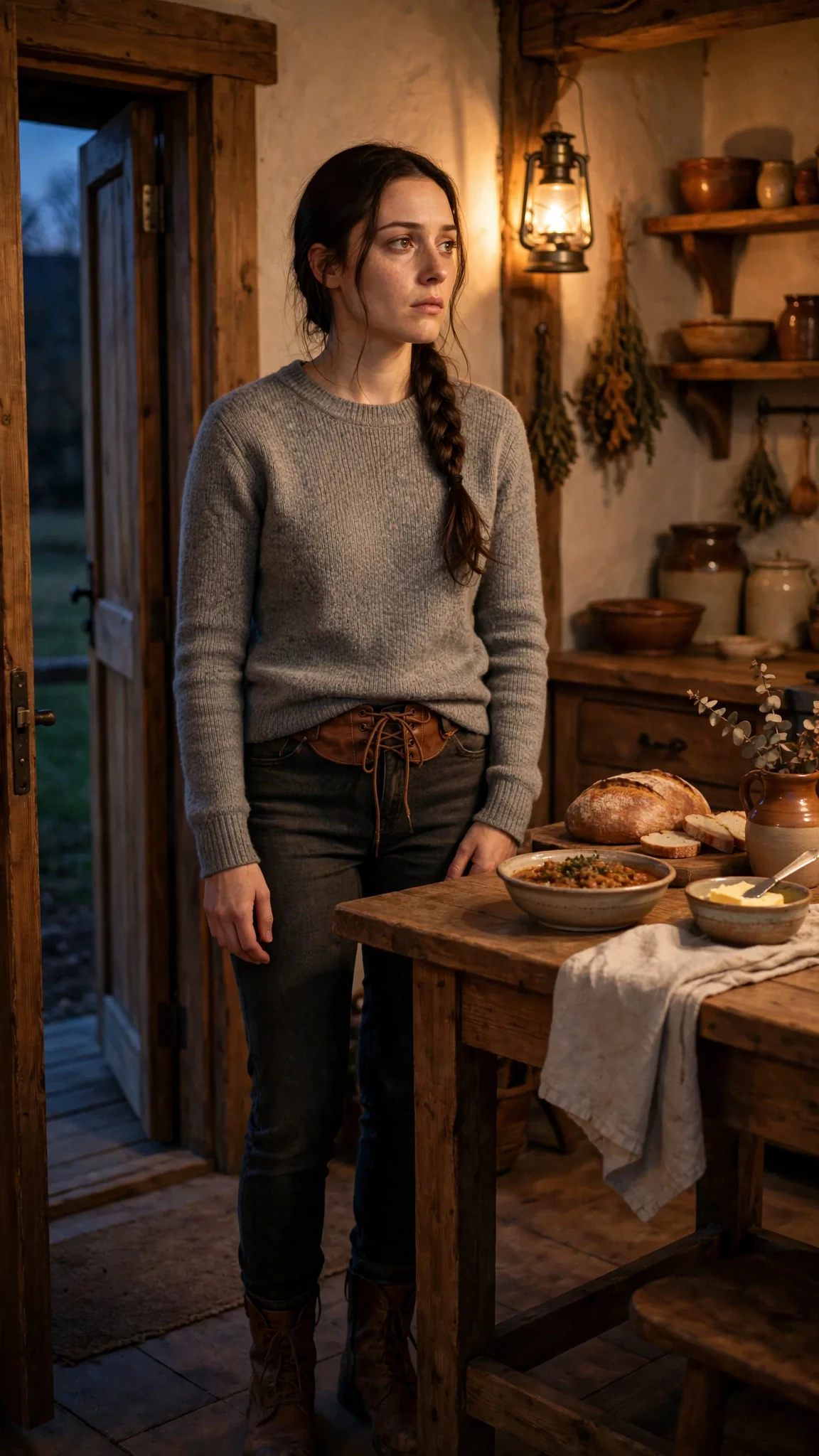 A tired young woman stands in a warm farmhouse kitchen, hands loose at her sides.