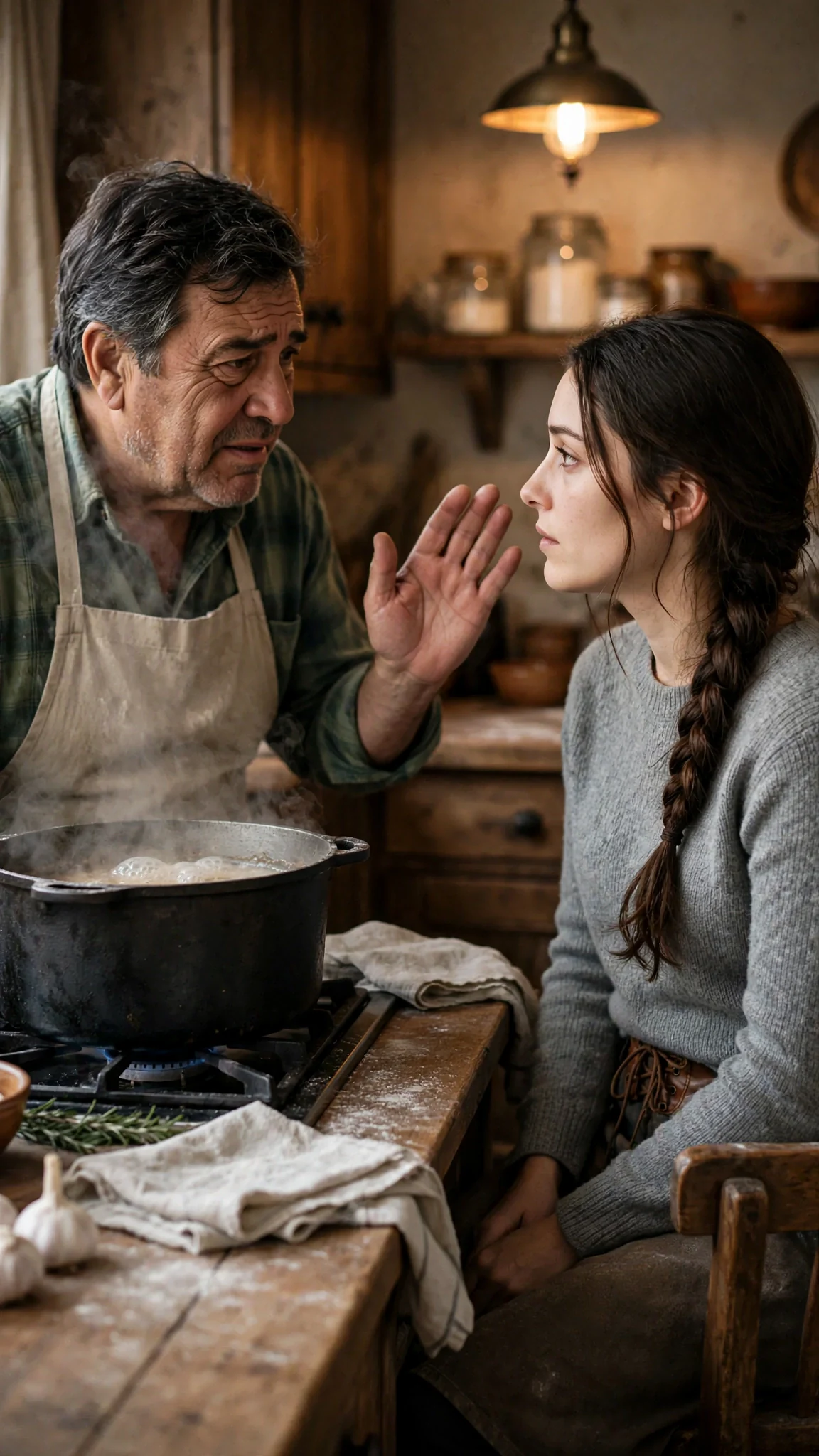 A broad older man in a flour-dusted apron waves his daughter toward a chair at the stove.