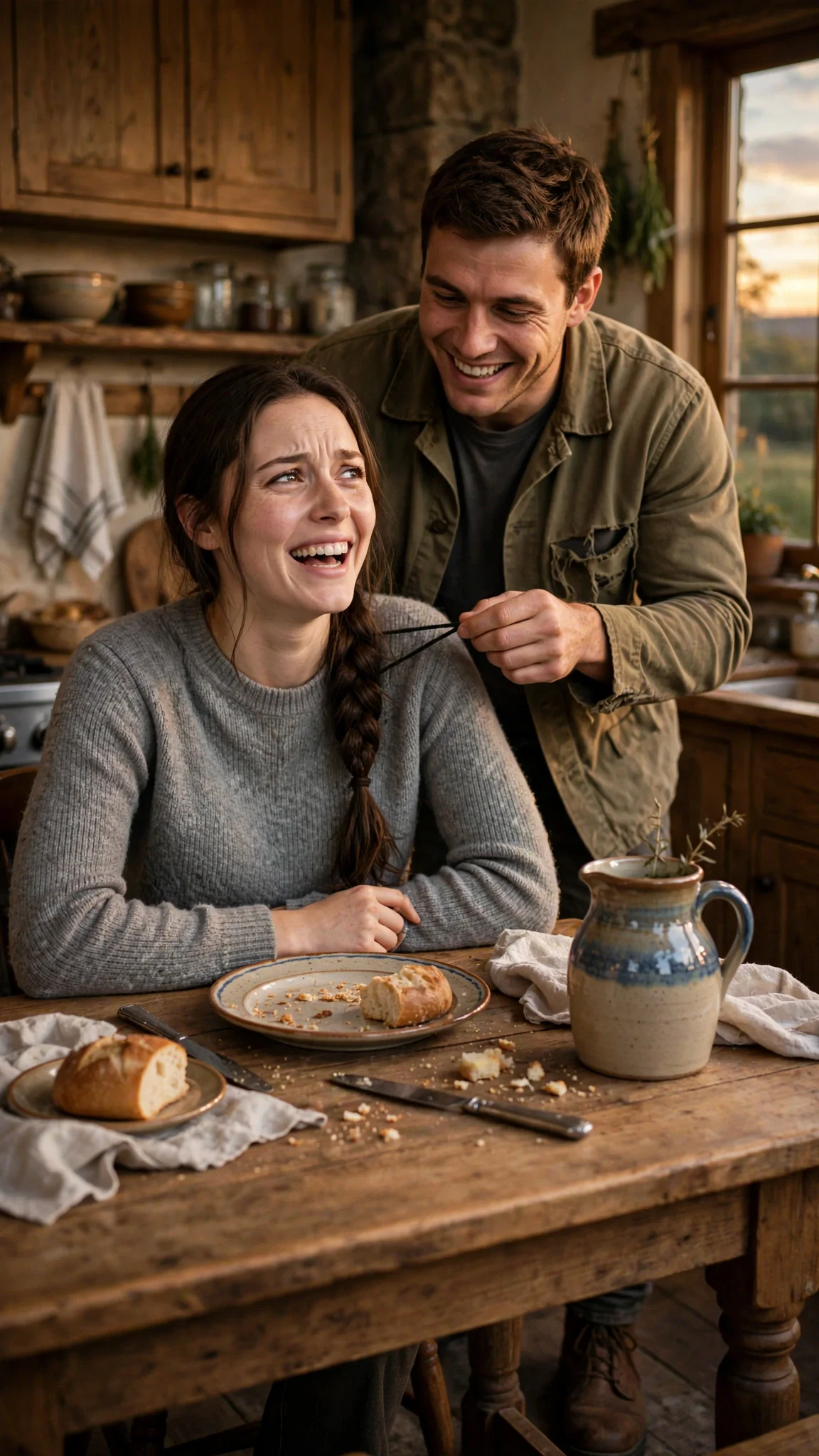 A grinning young man pulls the tie from his sister's hair at the supper table.