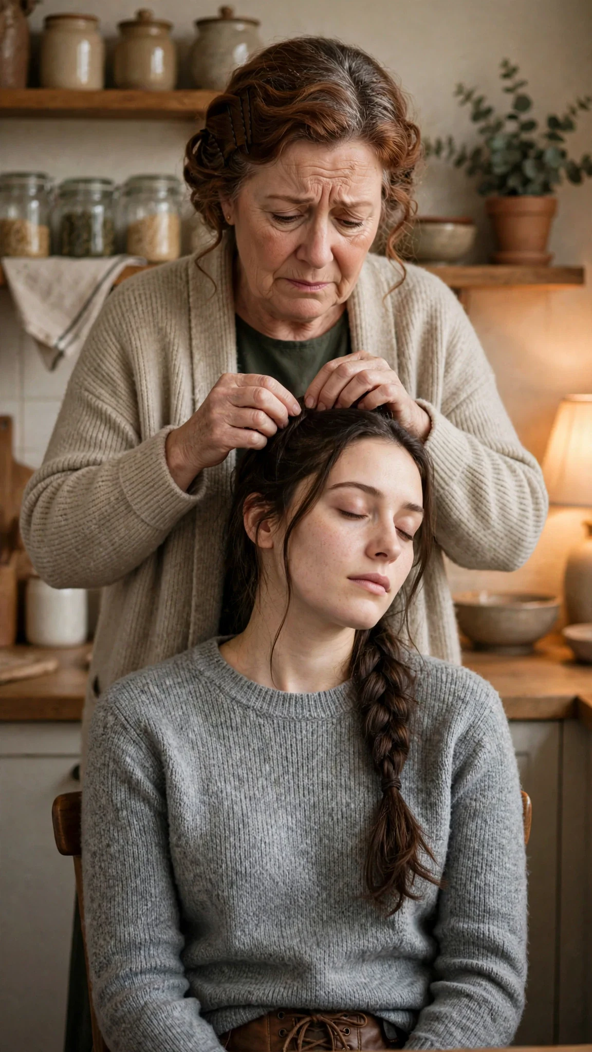 A soft-faced older woman stands behind her daughter's chair, working her hands through the young woman's hair.