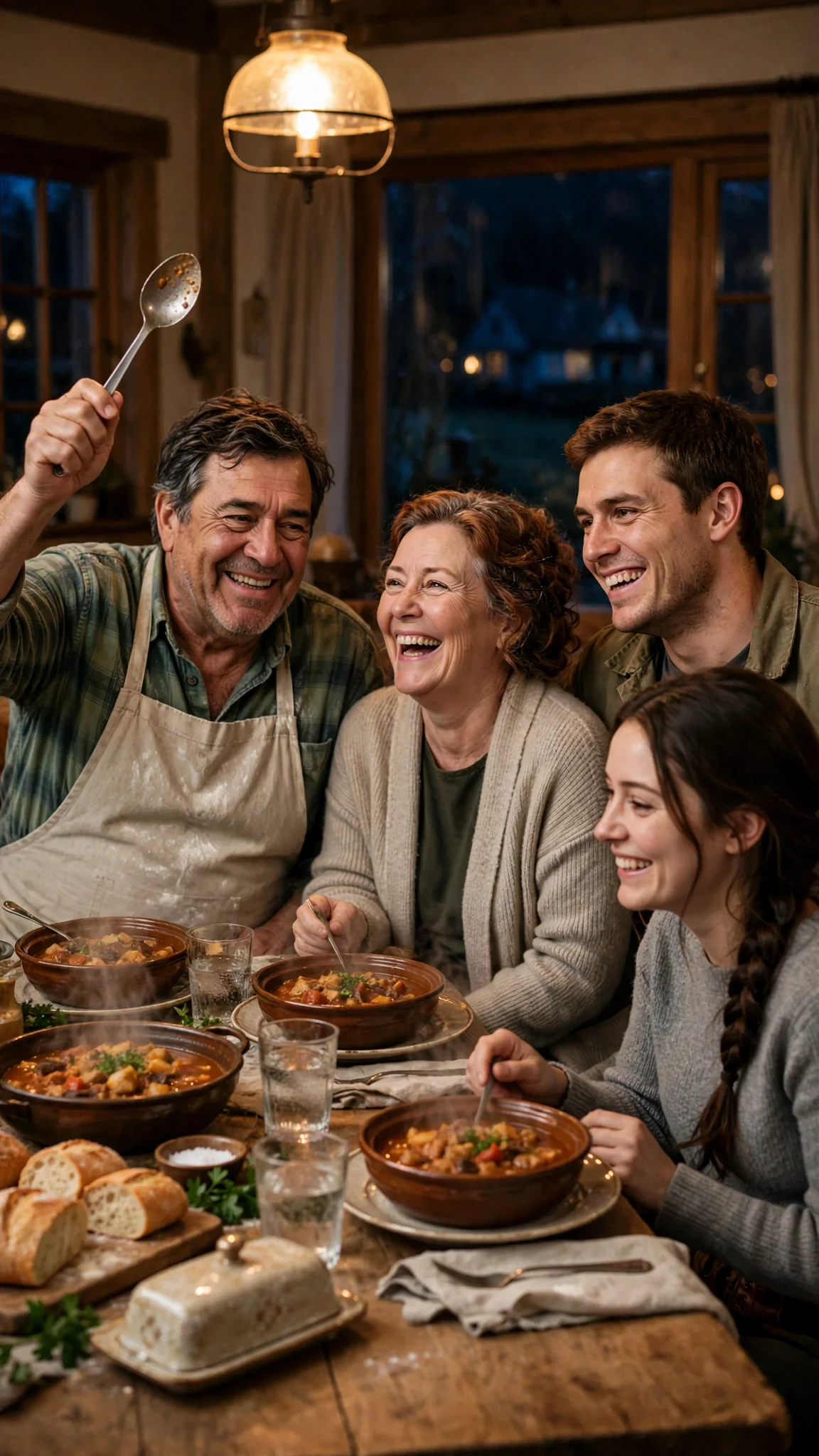 The family sits around a loaded supper table, the father holding up a serving spoon while everyone laughs.