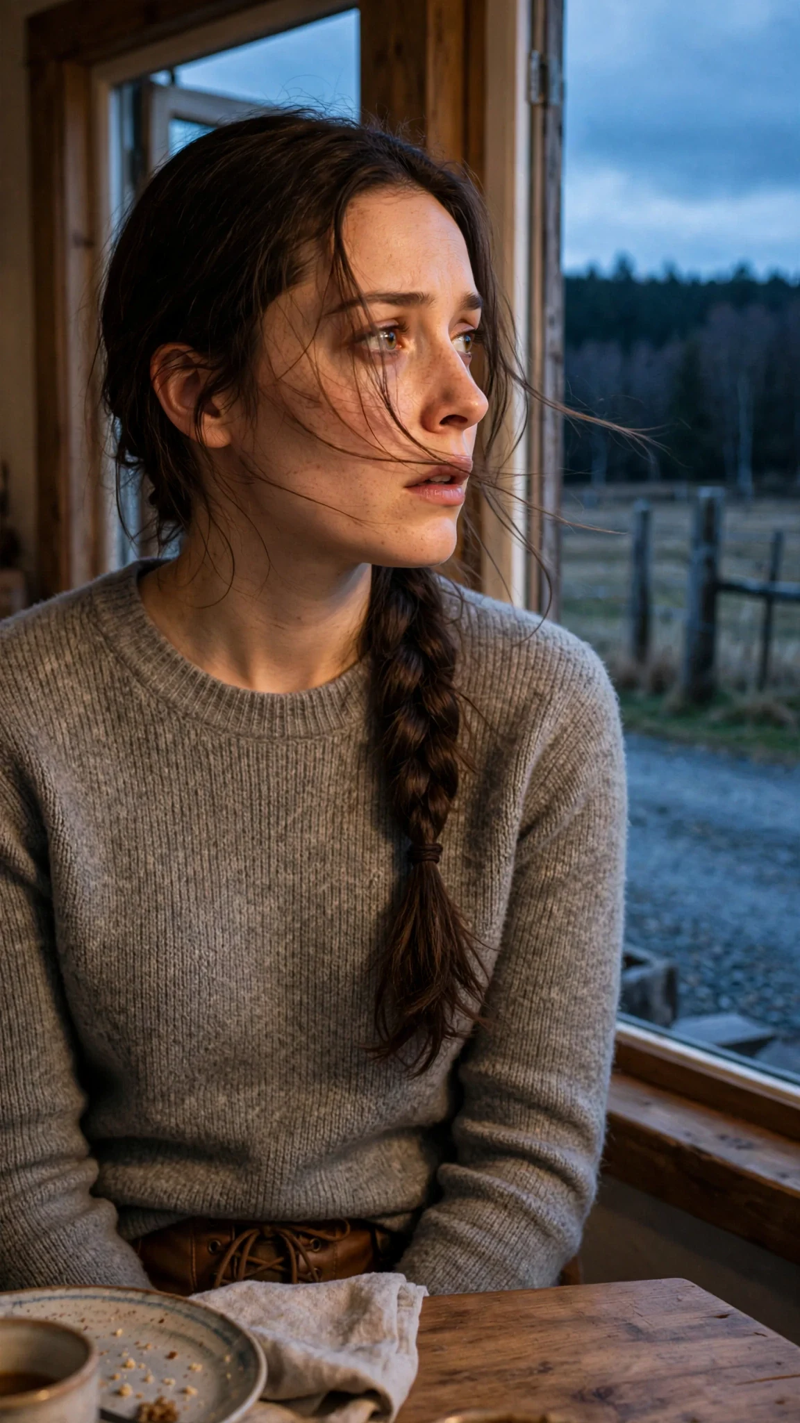 The young woman turns toward an open window, nostrils flaring, loose hair blown across her cheek.