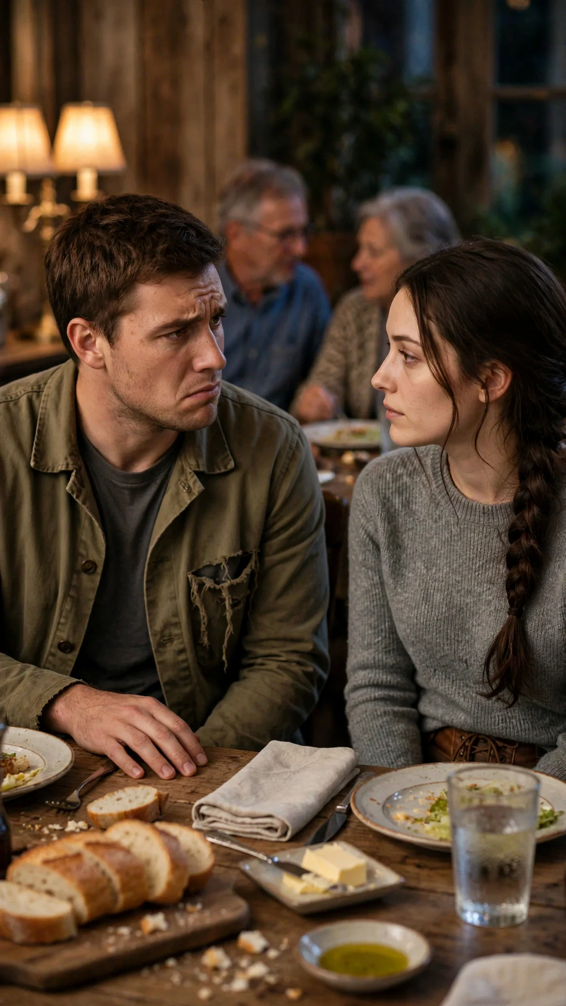 The young man leans toward his sister across the table, studying her face with concern.