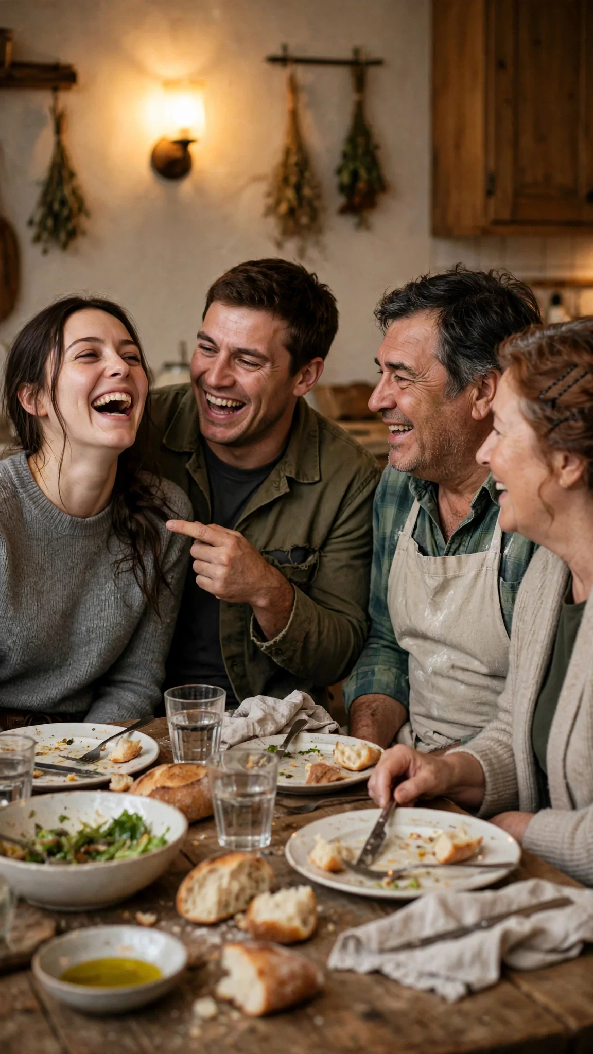 The young woman laughs with her head tipped back, her family around her at the table.