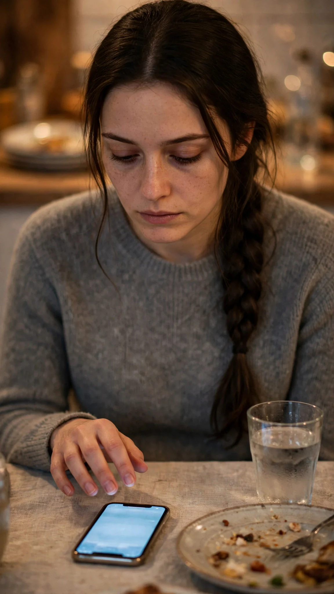 A phone lights up on the tablecloth beside a plate, and the young woman stares down at it, face gone still.