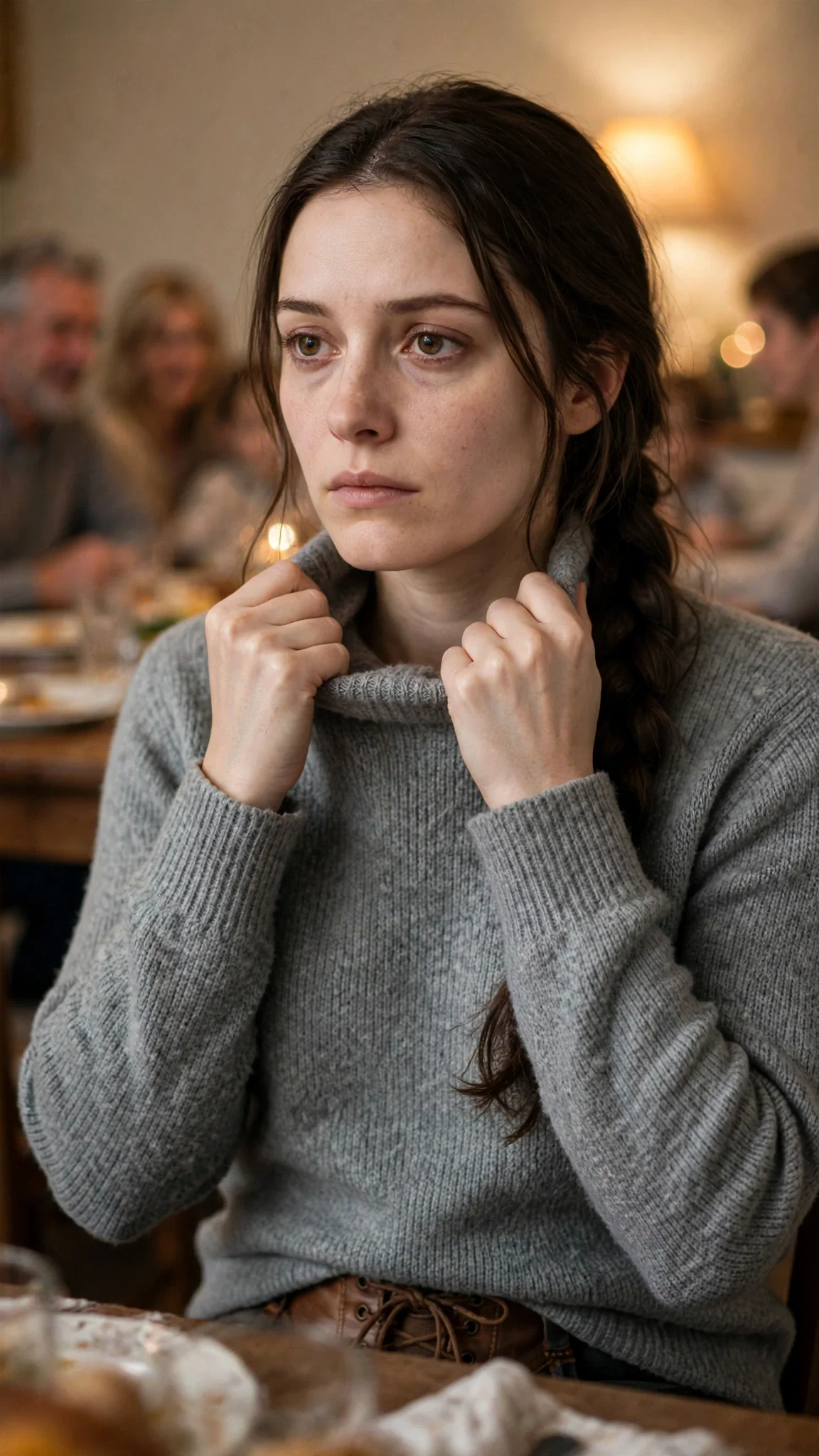 The young woman pulls the collar of her sweater high over her collarbone, jaw tight.