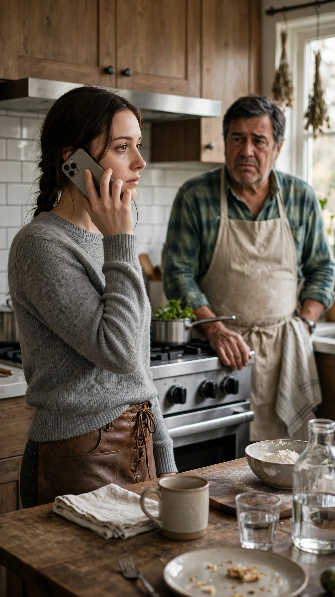 The young woman stands with the phone at her ear, half turned away, wearing a small practiced smile.