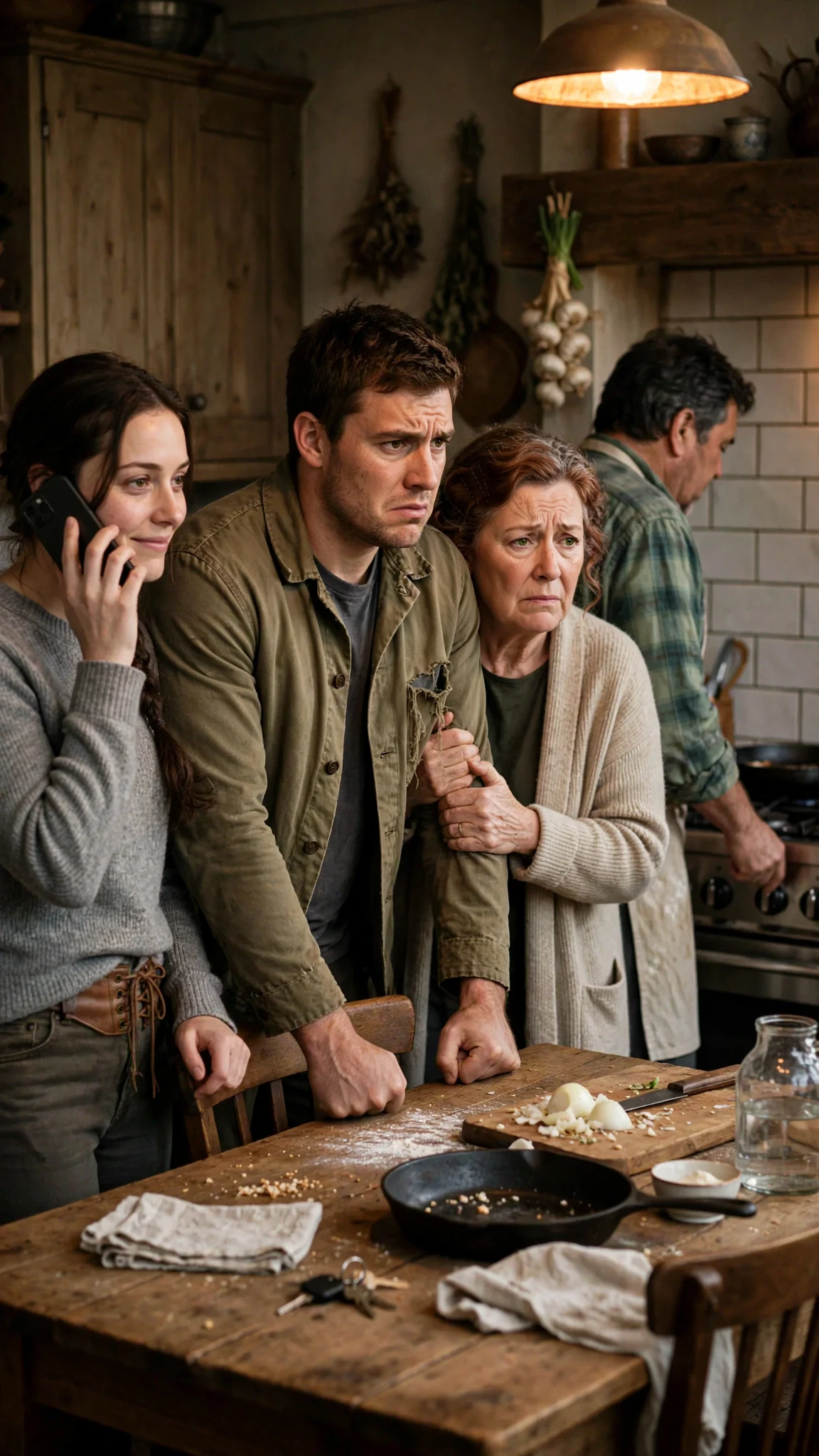 A wide view of the frozen kitchen, the young woman on the phone while her family stands stiff around the table.