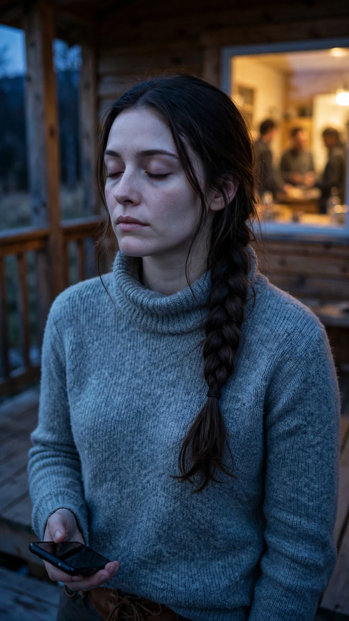 The young woman on the porch in evening light, phone at her side, eyes closed.