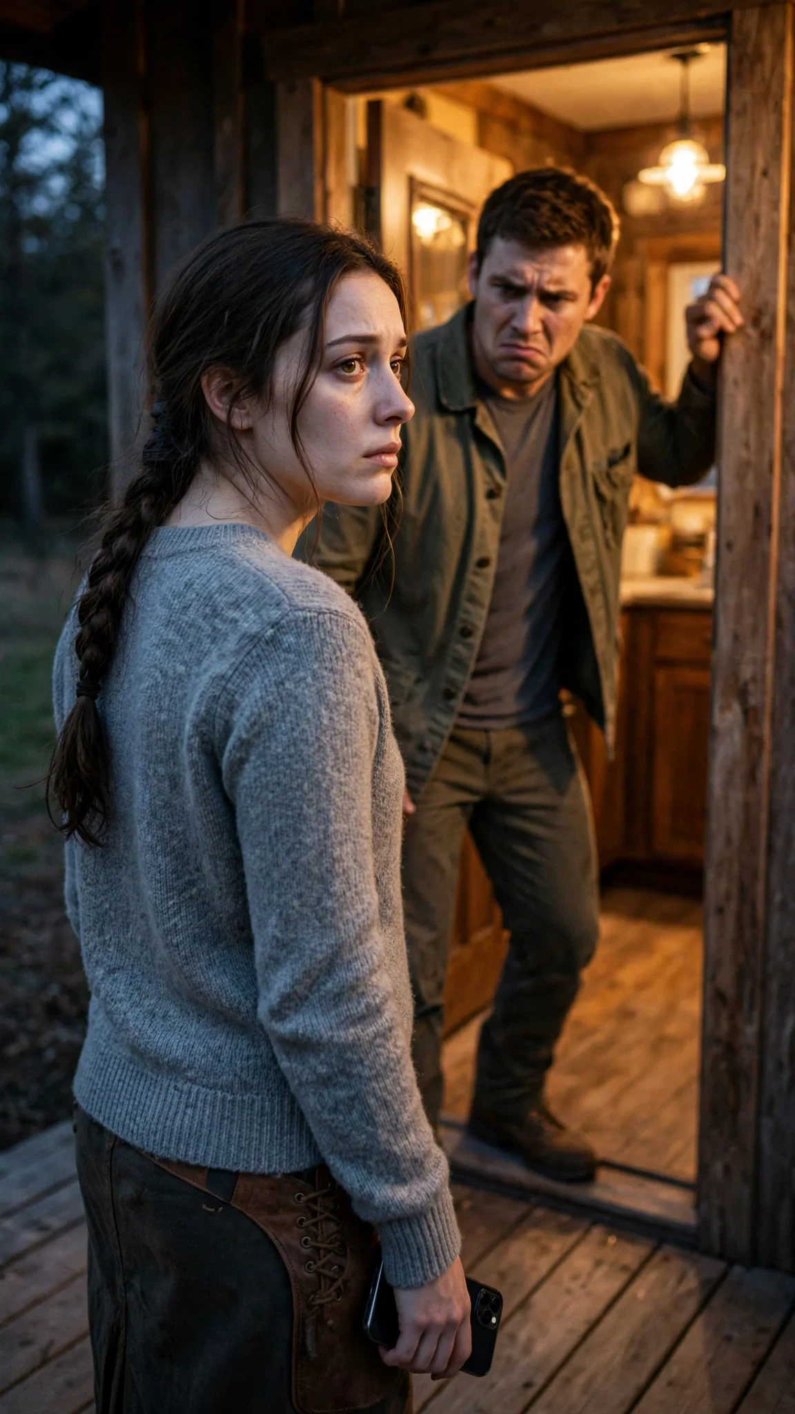 The young woman stands on the porch with the phone lowered, and her brother appears in the doorway behind her.