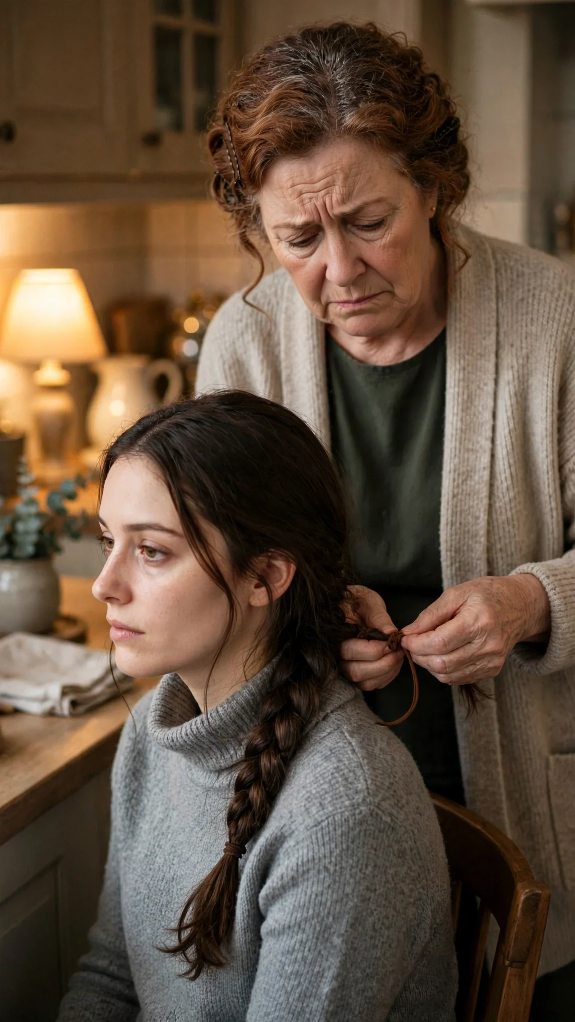 The mother ties off her daughter's braid at the kitchen table with unsteady fingers.
