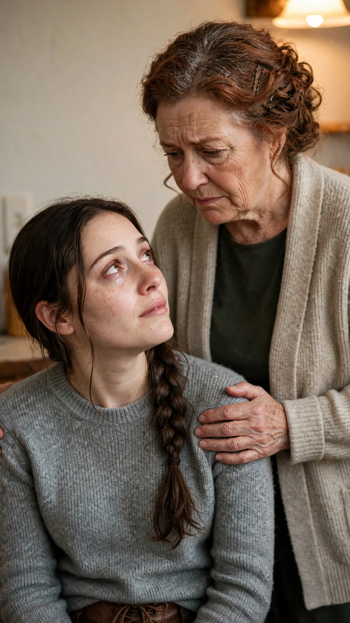 The young woman looks up at her mother, eyes wet, and says nothing more.