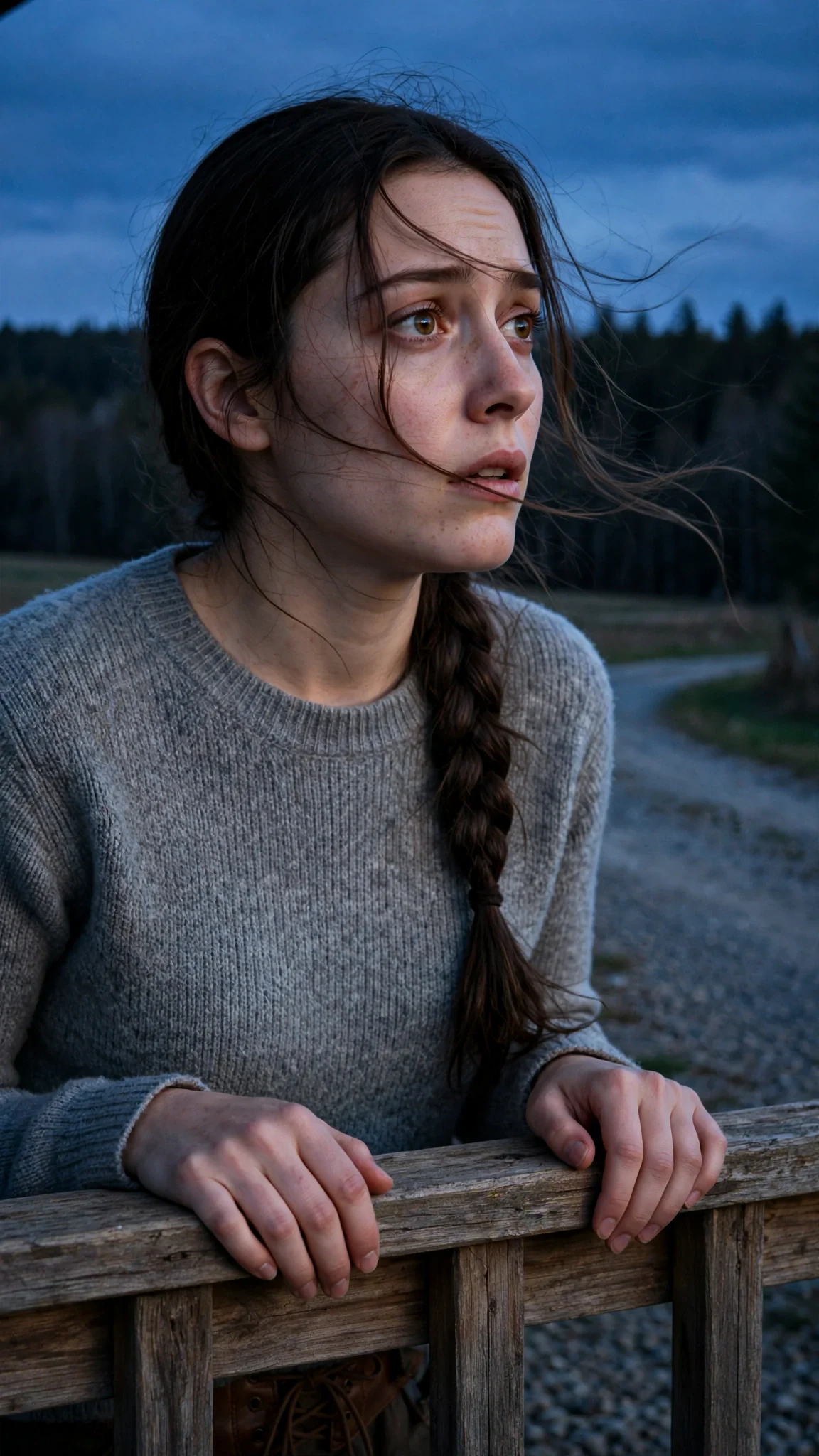 The young woman stands at the porch rail looking down the dark road, wind lifting her braid.