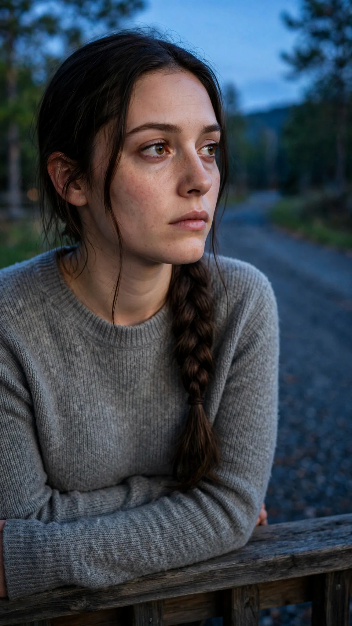 A close view of the young woman's tired face at the porch rail, dark road behind her.