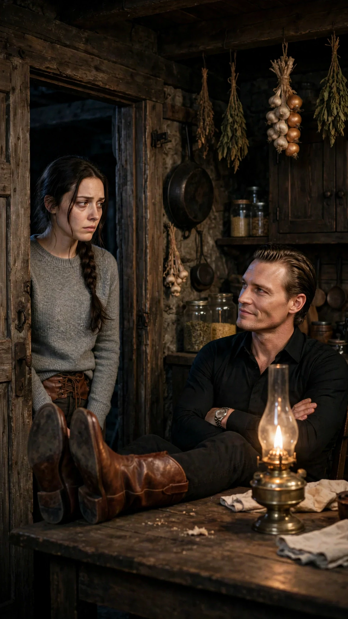 Elowen stands in a dim kitchen doorway while Maddox sits with his boots on the table.