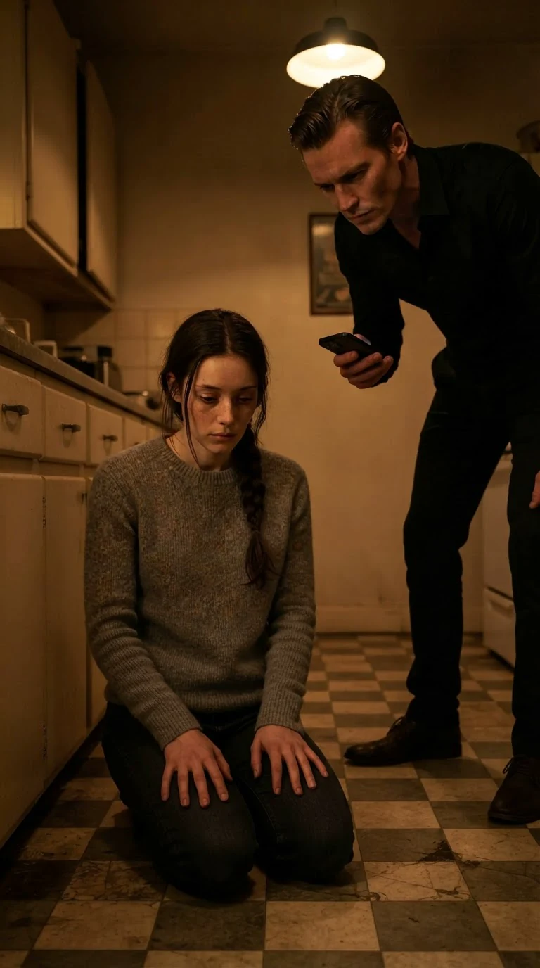 Elowen kneels on the kitchen tile with her head bowed while Maddox stands over her.