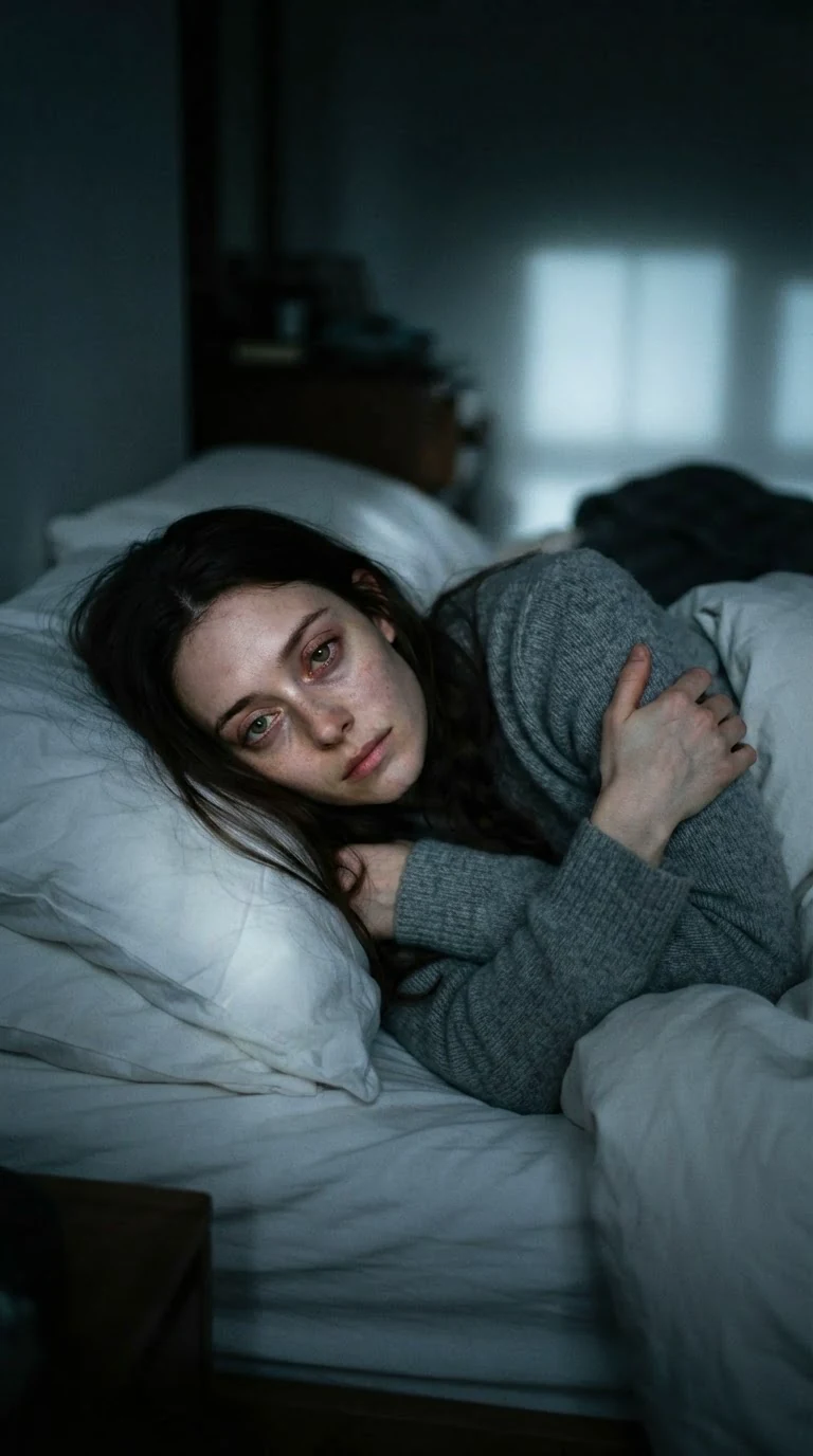 Elowen lies awake in a dark narrow bed with her arms wrapped around herself.