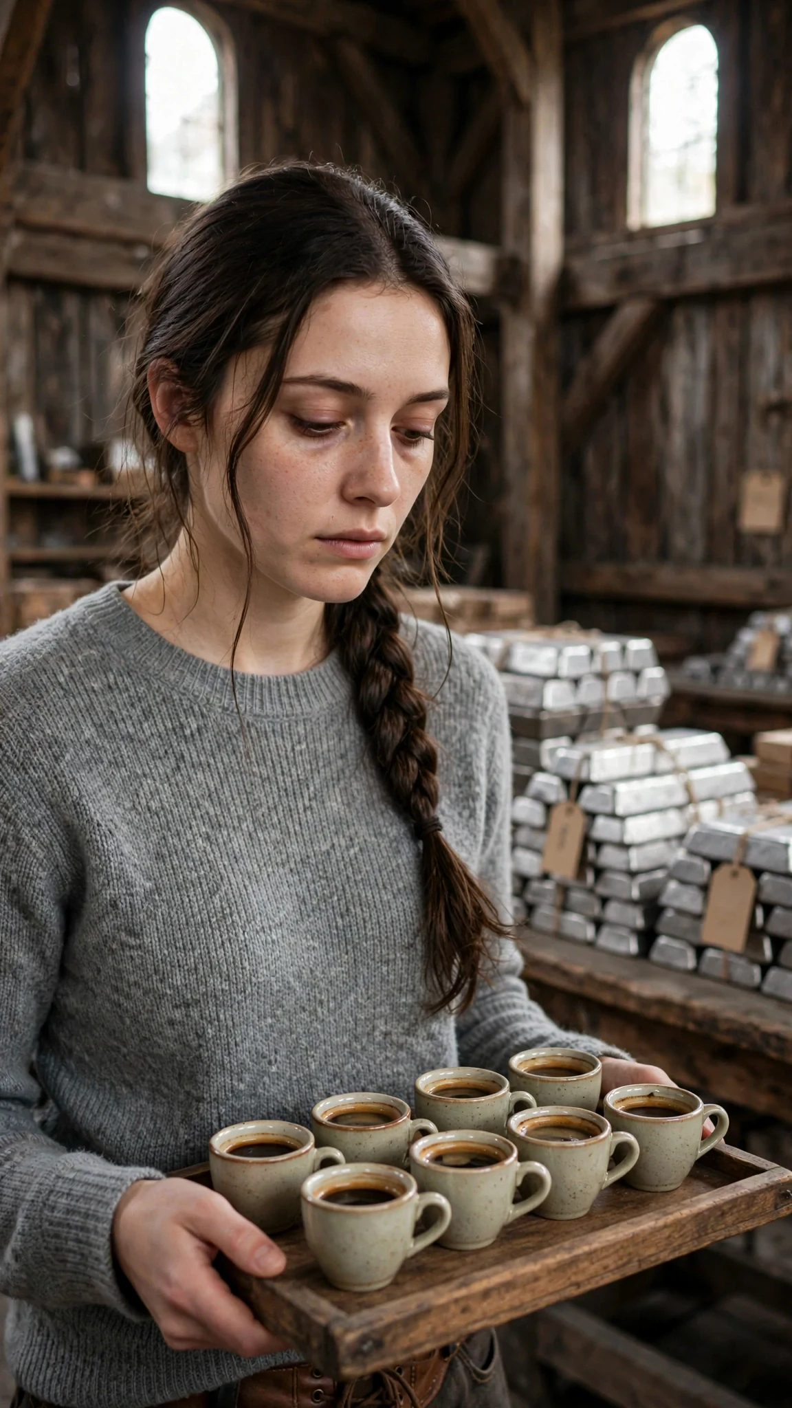 Elowen carries a tray of cups past a long table stacked with tagged silver bars.