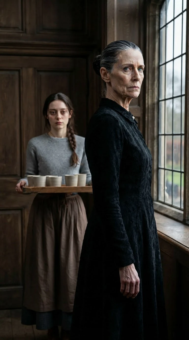 Hesper stands at a tall window in a dark dress, cold-eyed, with Elowen blurred behind her.