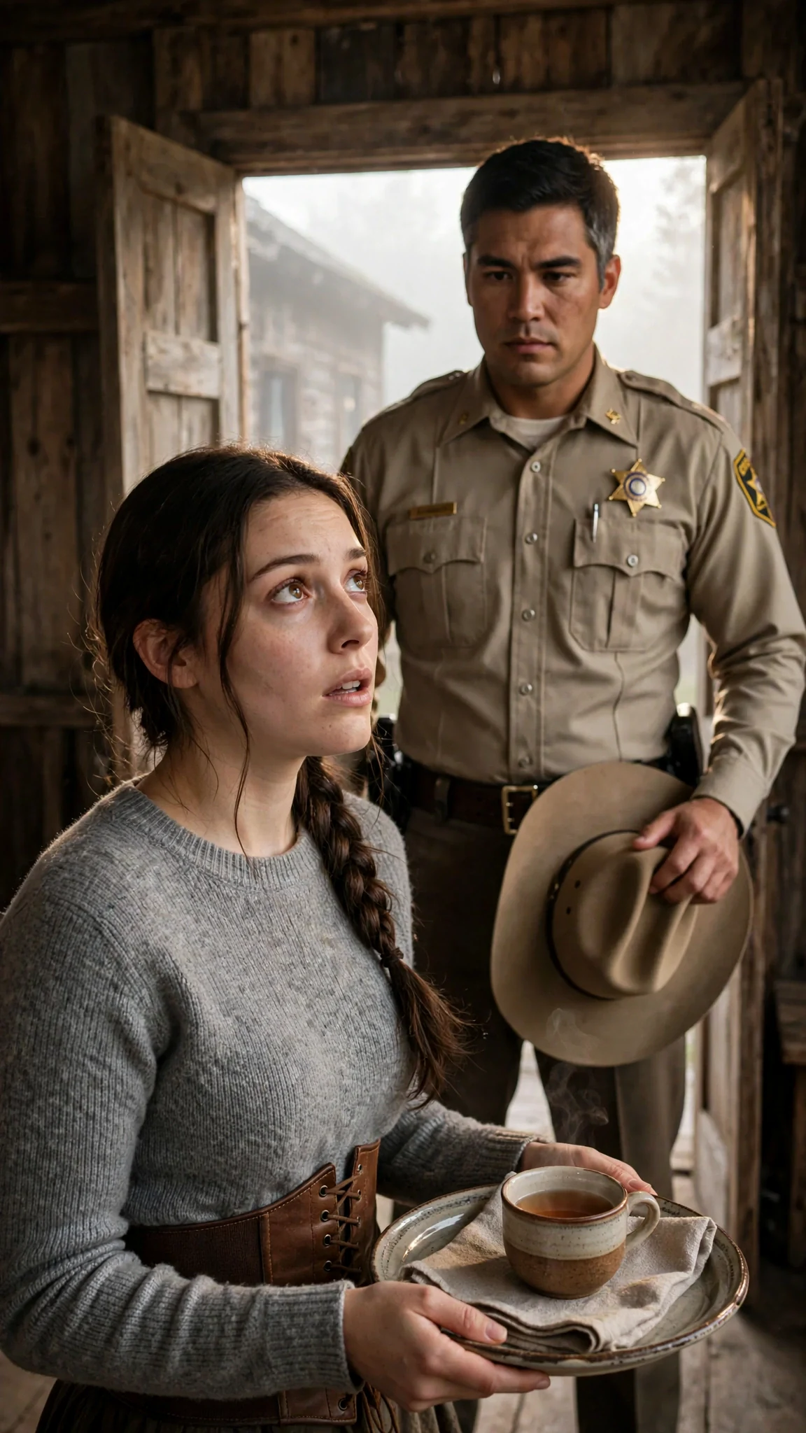 Bryce fills the pack hall doorway in his uniform, hat in hand, and Elowen turns toward him with the tray.