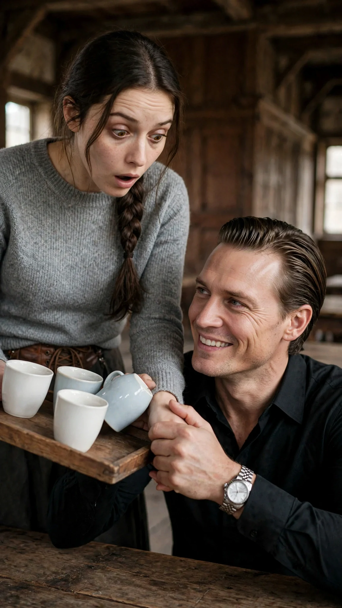 Maddox smiles as his hand closes around Elowen's wrist, and her tray tips in her other hand.