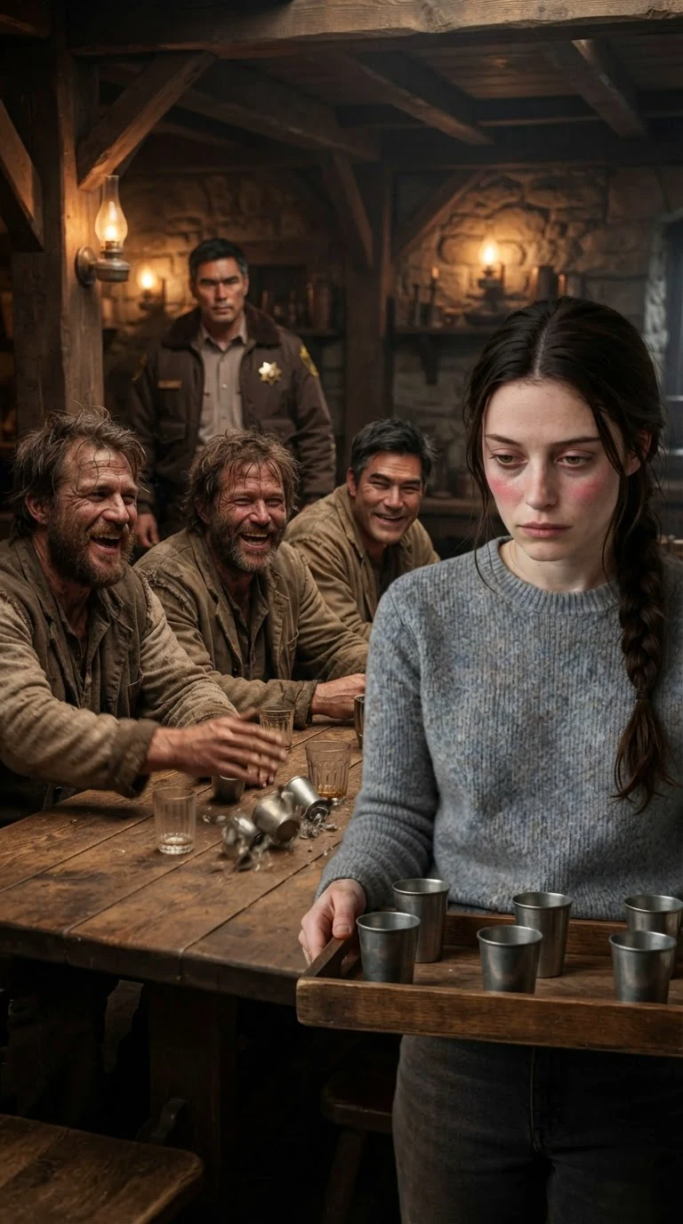 The men at the table laugh while Elowen stands with the tray, face burning.