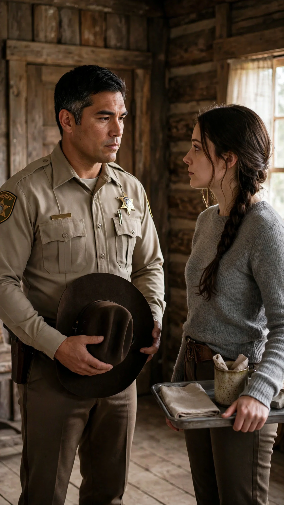 Bryce looks directly at Elowen, hat in his hands, steady and careful.