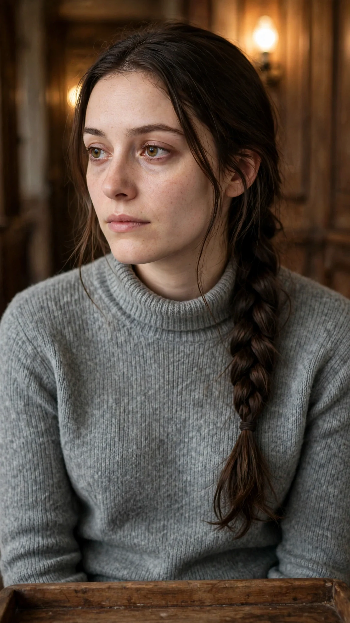 Close on Elowen's flat polite face, her collar pulled high over her neck.