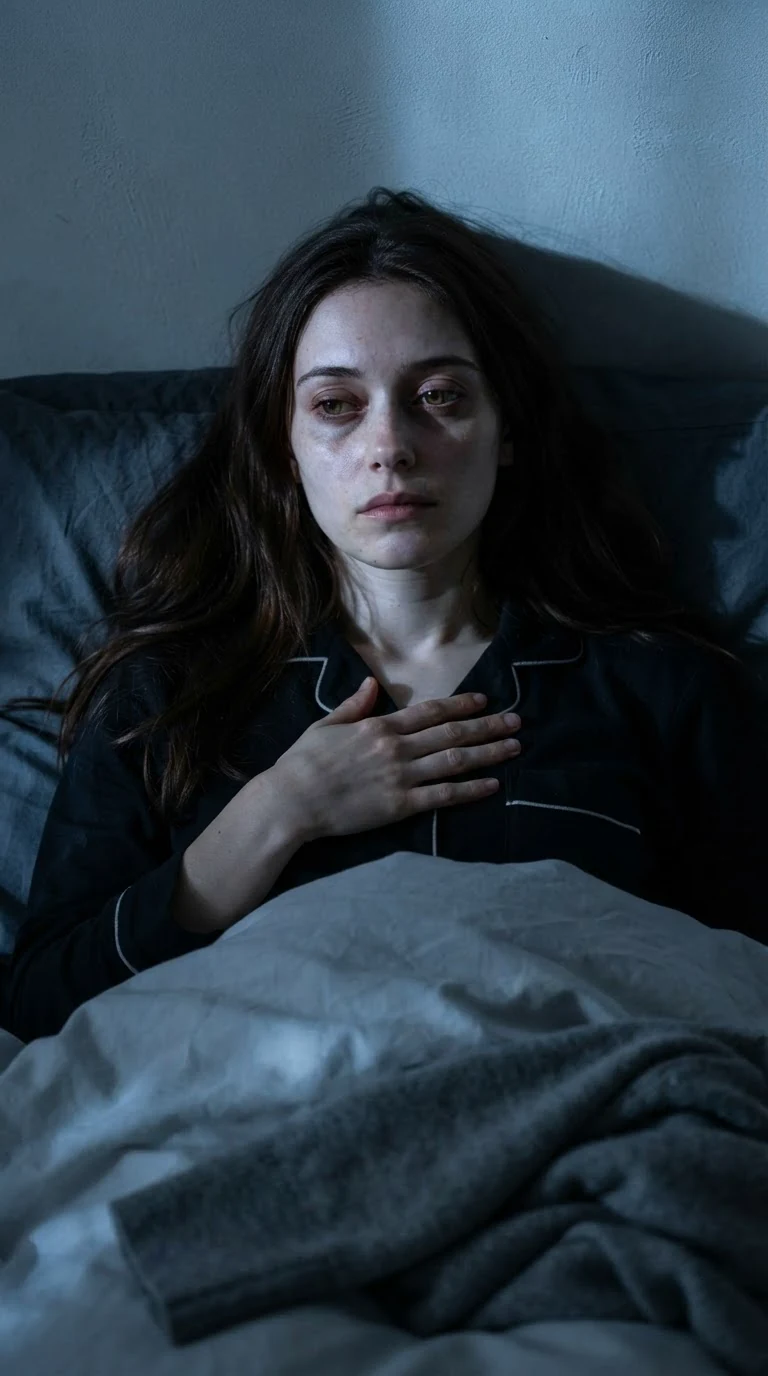 Elowen lies awake in the dark with one hand flat on her chest, moonlight on the wall.