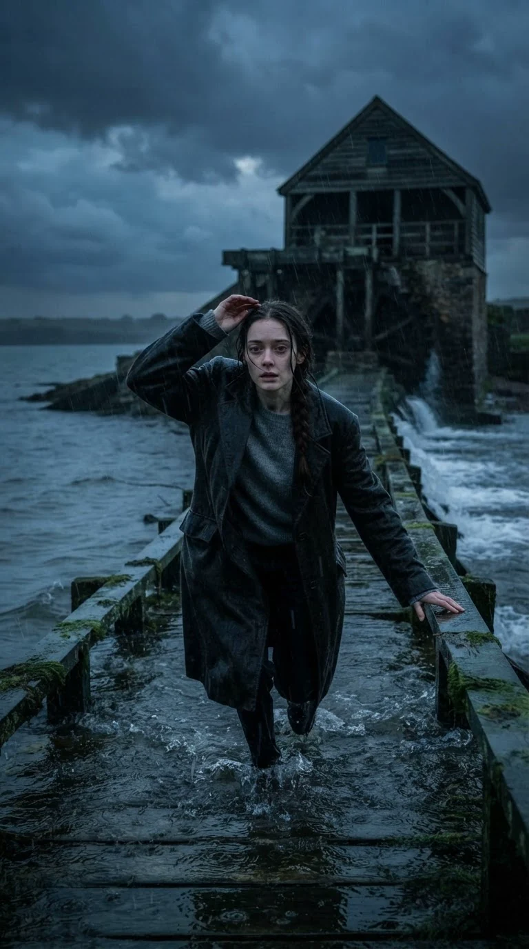 A soaked young woman runs through hard rain toward an old wooden tide mill.