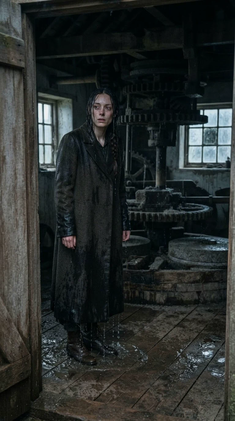 A drenched woman stands just inside a dark wooden mill, water dripping from her clothes.