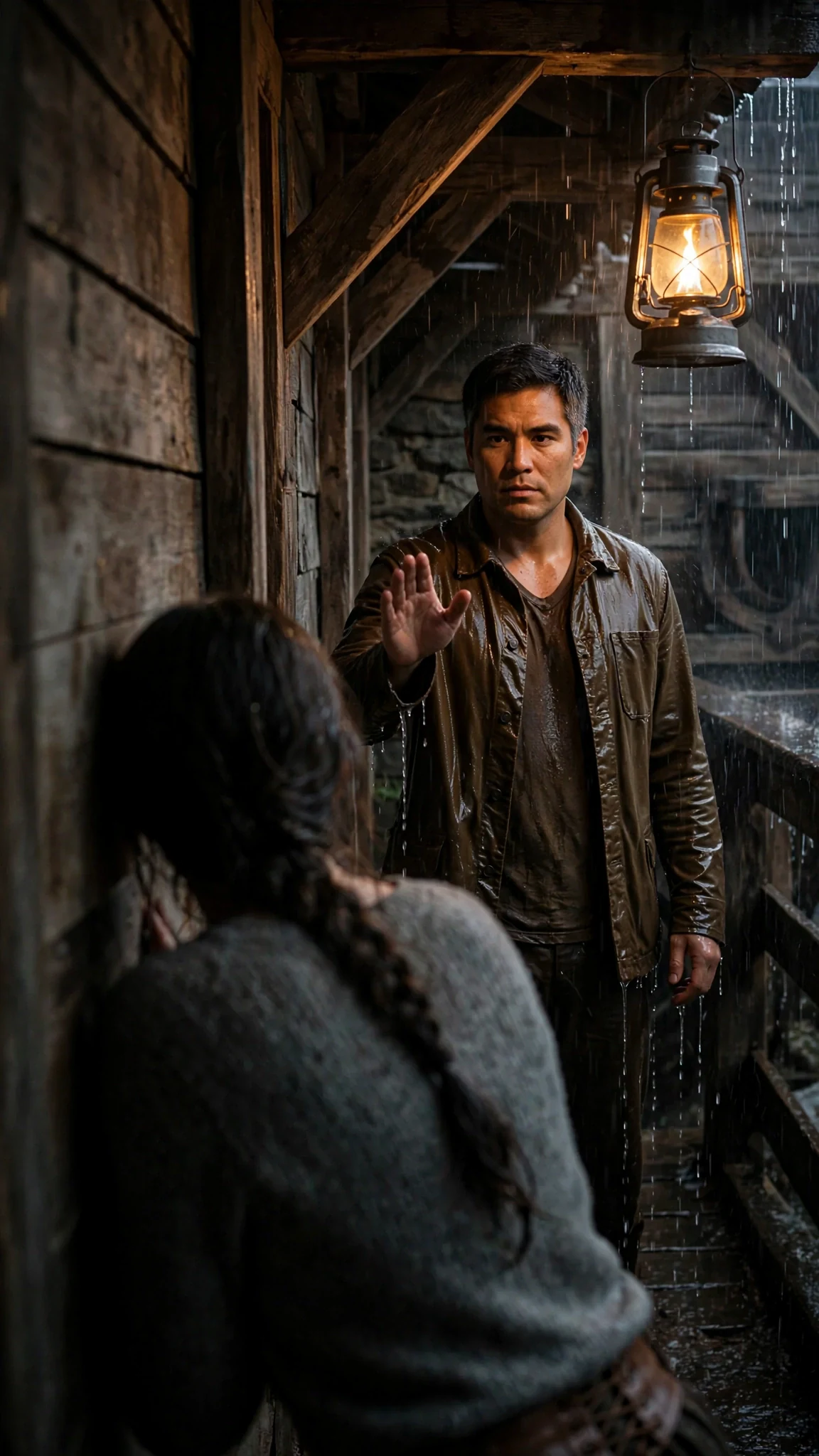 A tall sheriff in a soaked canvas jacket stands at the far end of the mill.