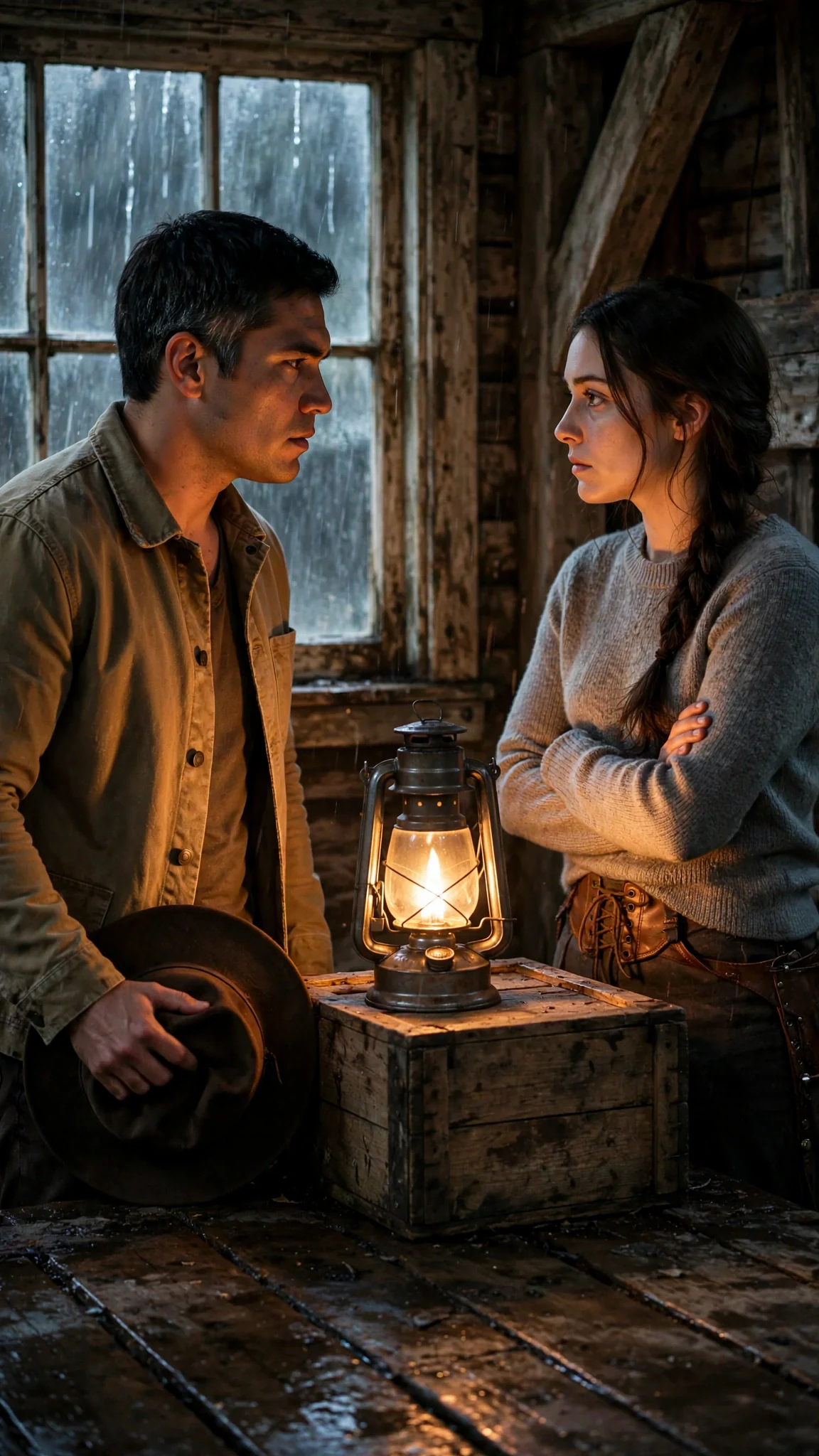 The sheriff and the young woman face each other in the storm-lit mill.