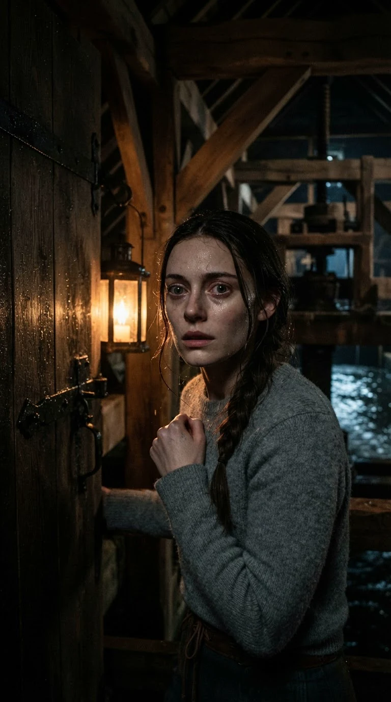 The young woman looks toward the jammed mill door, jaw tight with panic.