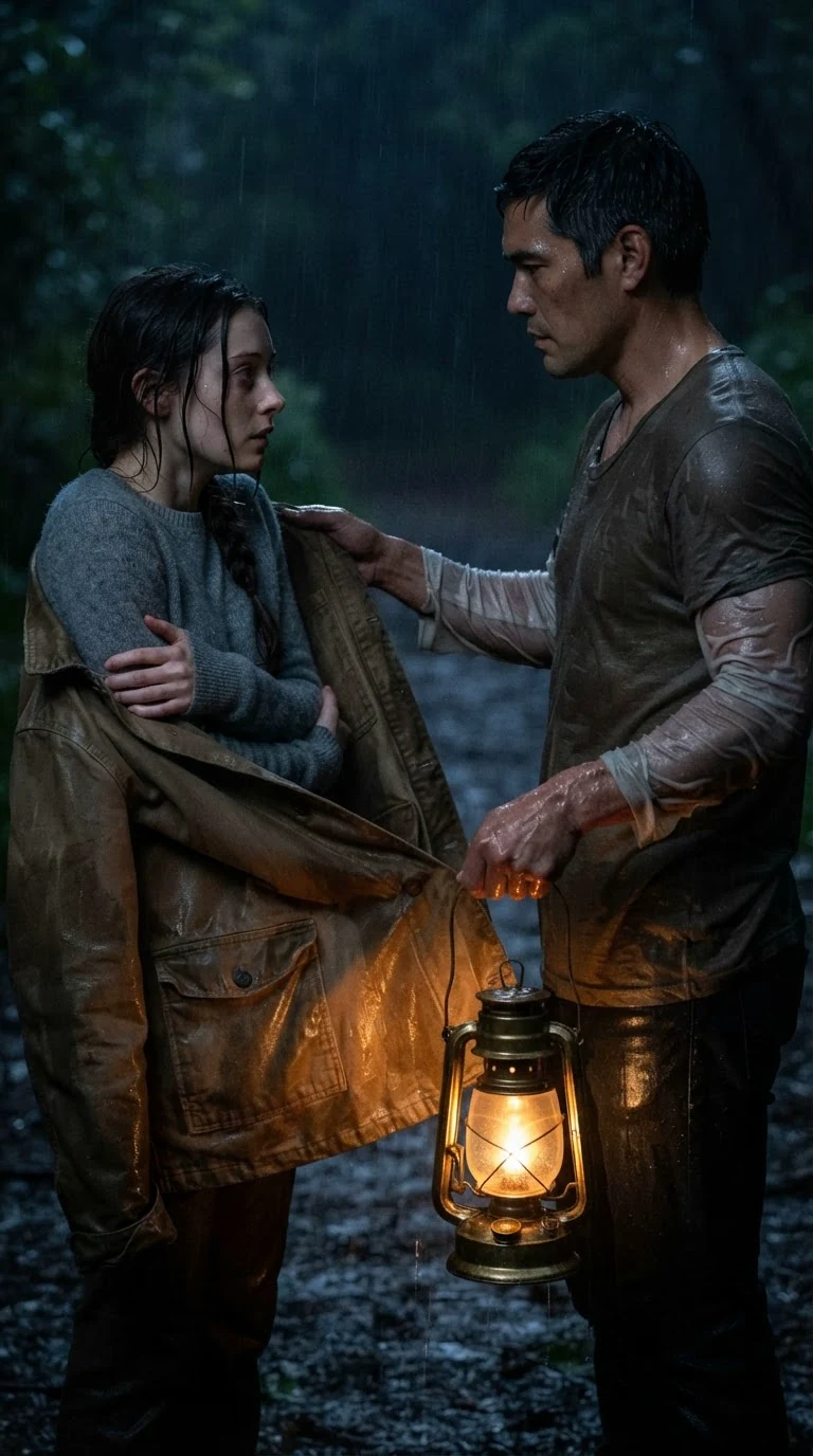 The sheriff holds out his heavy canvas jacket to the shivering woman.