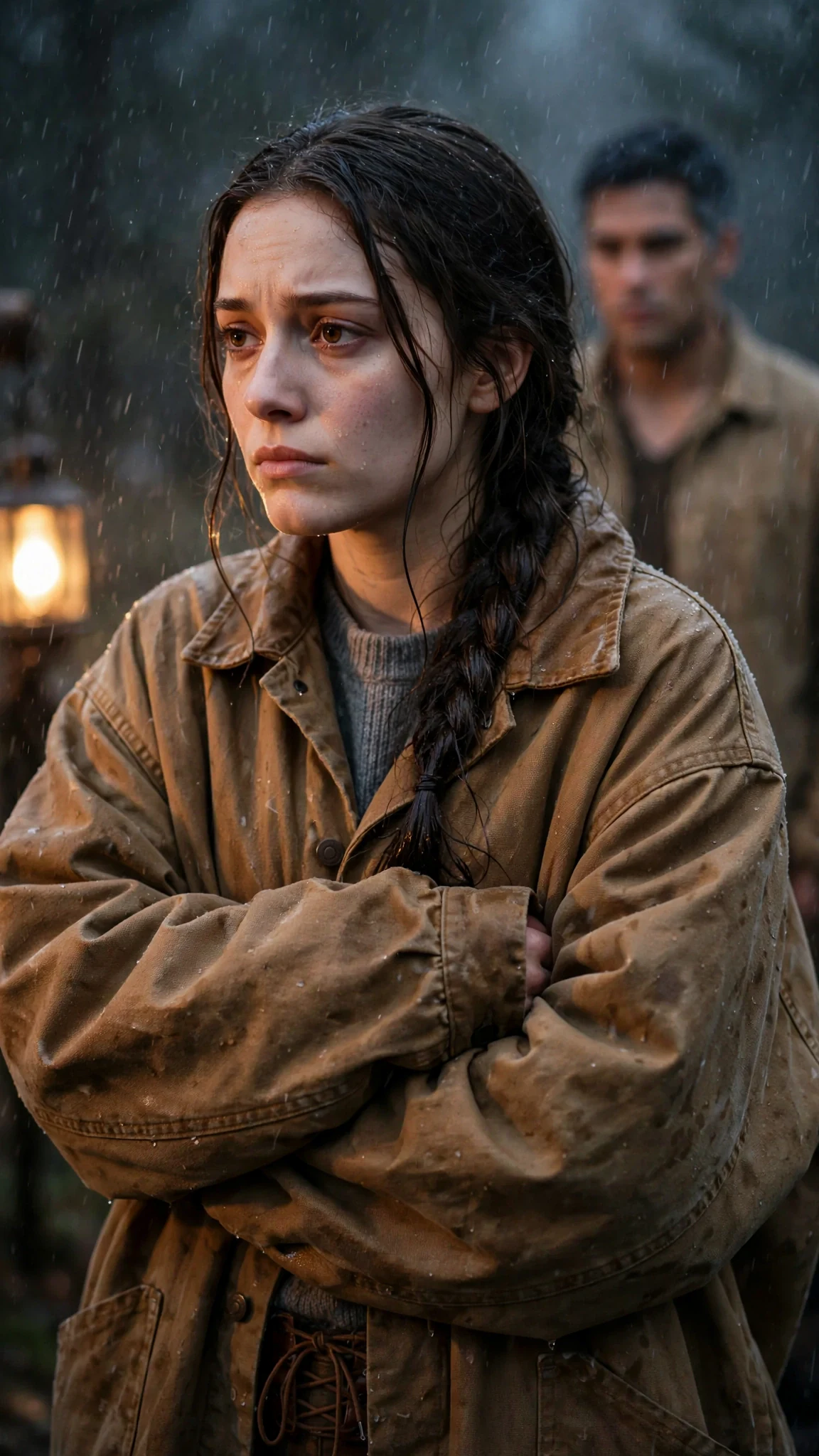The young woman wrapped in an oversized jacket, teeth chattering.