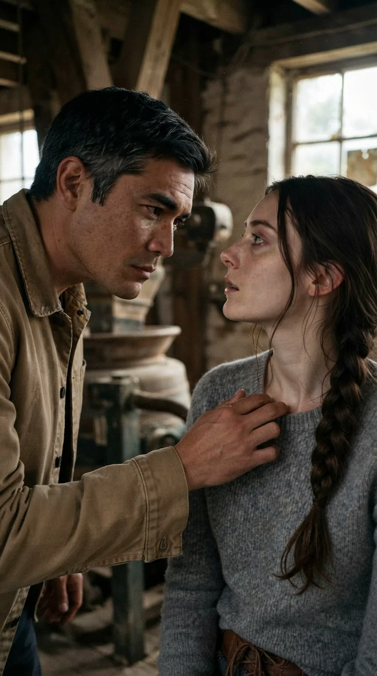 The sheriff's eyes drop to the collar of her sweater, his face changing.