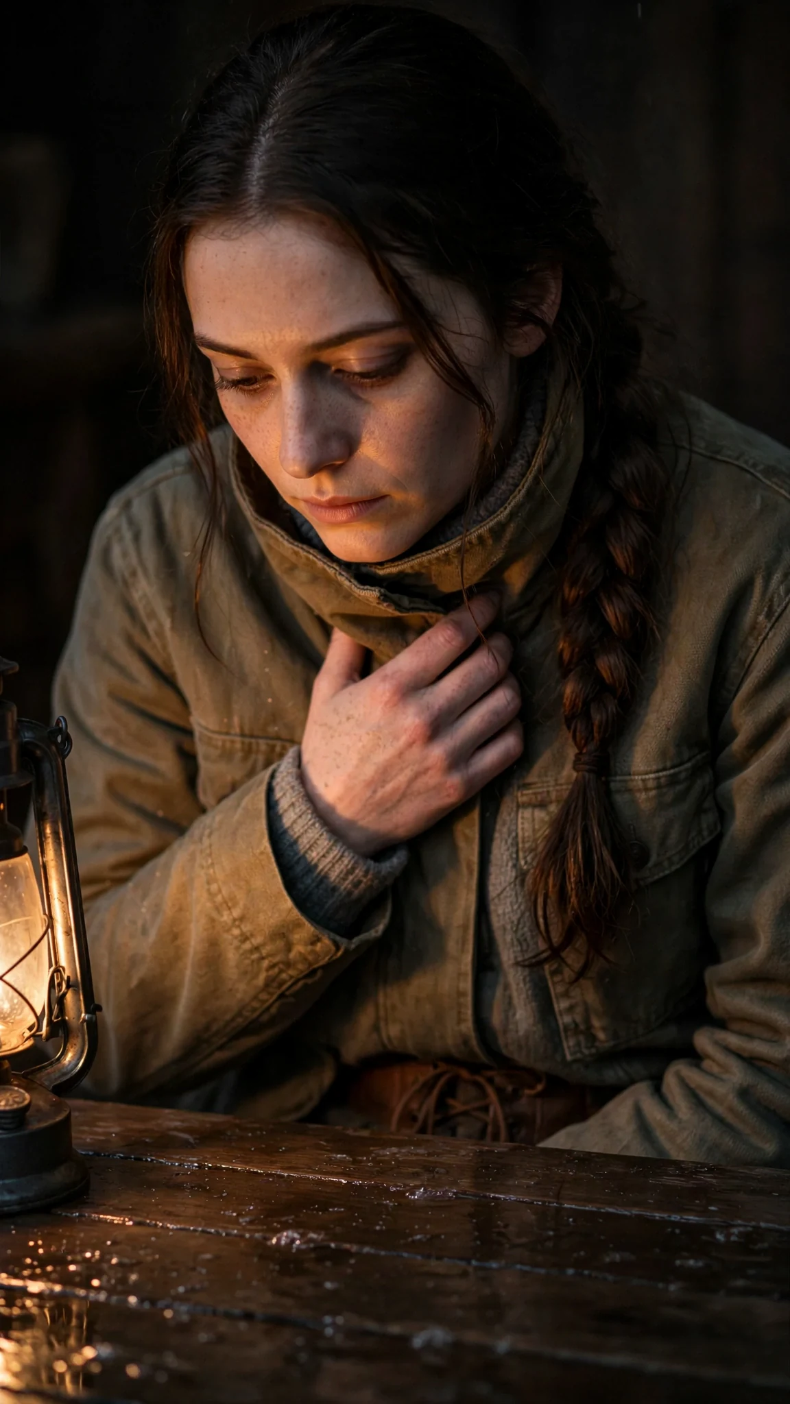 The young woman looks away, chin down, mouth flat.