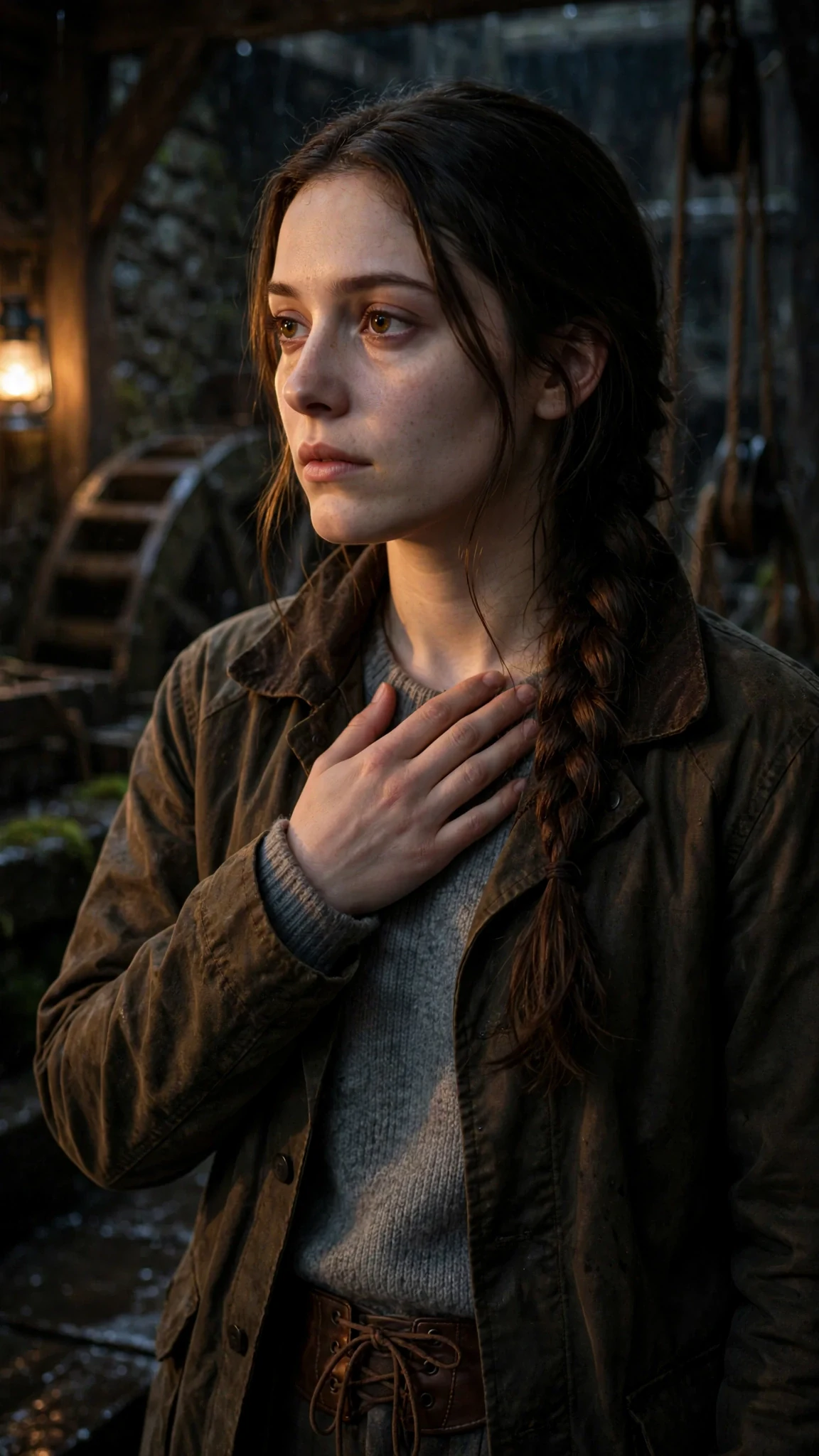 The young woman in the coat, eyes far away, one hand pressed to her collarbone.