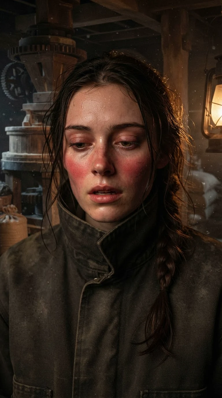 The young woman's face burns with shame in the cold lantern light.