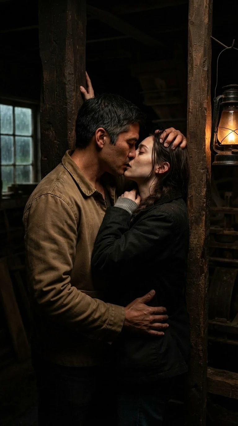 Shoulder-up shot of the two pressed together against a wooden beam.