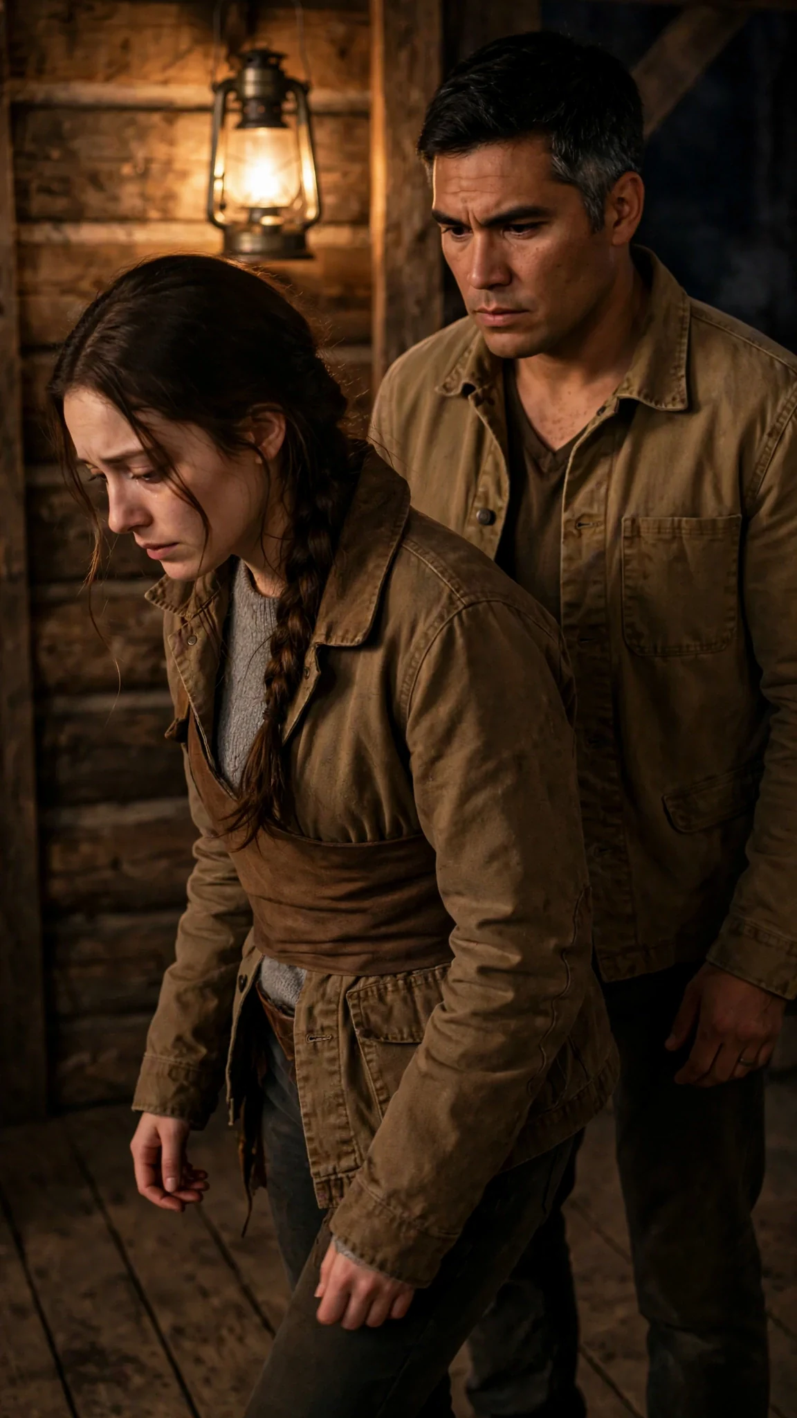 The young woman pulls the coat tight, eyes fixed on the floor, pulling away.