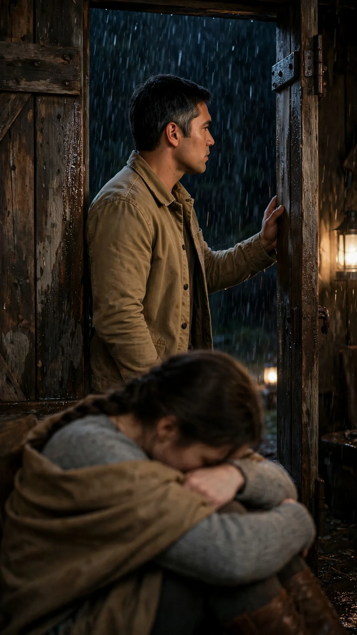 The sheriff stands by the mill door in the lantern light, his back to her.