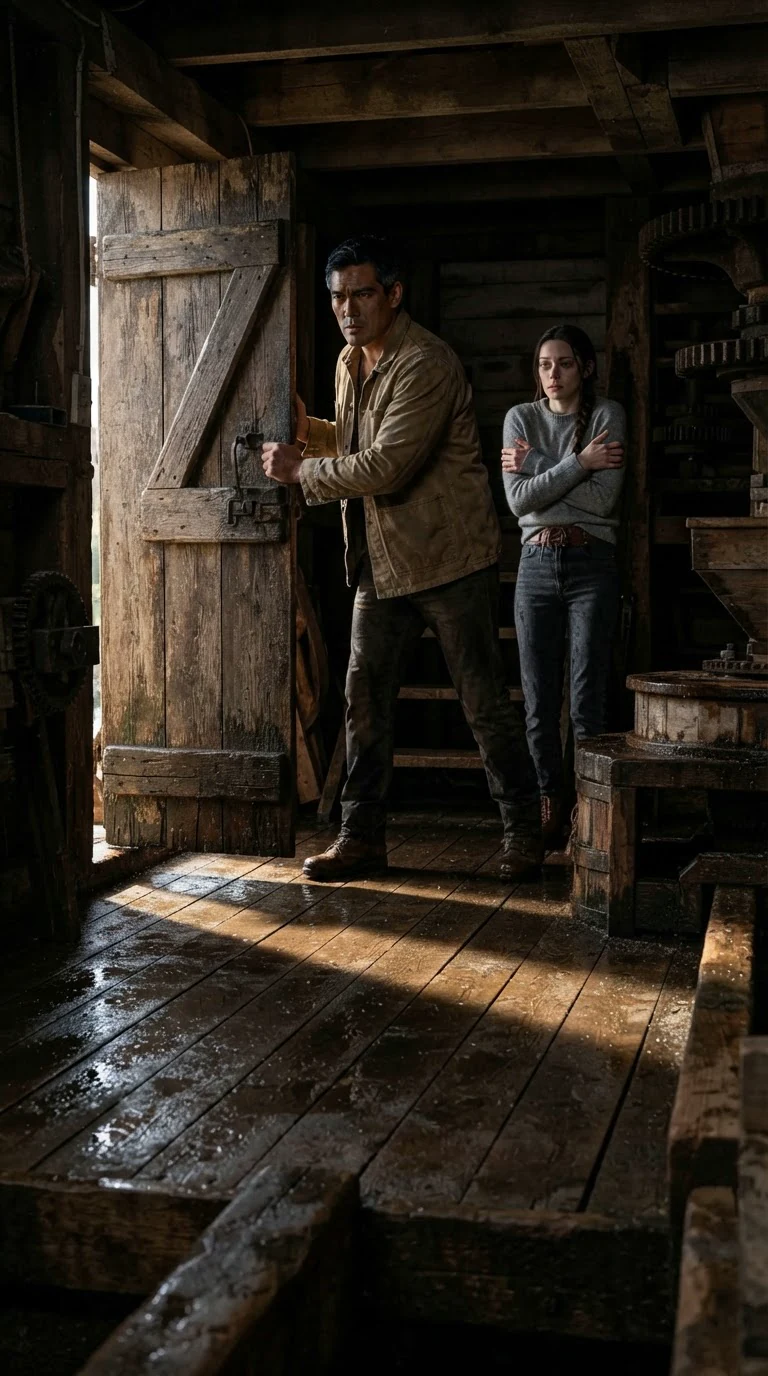 Bryce pushes open the mill door at dawn while Elowen stands behind him.