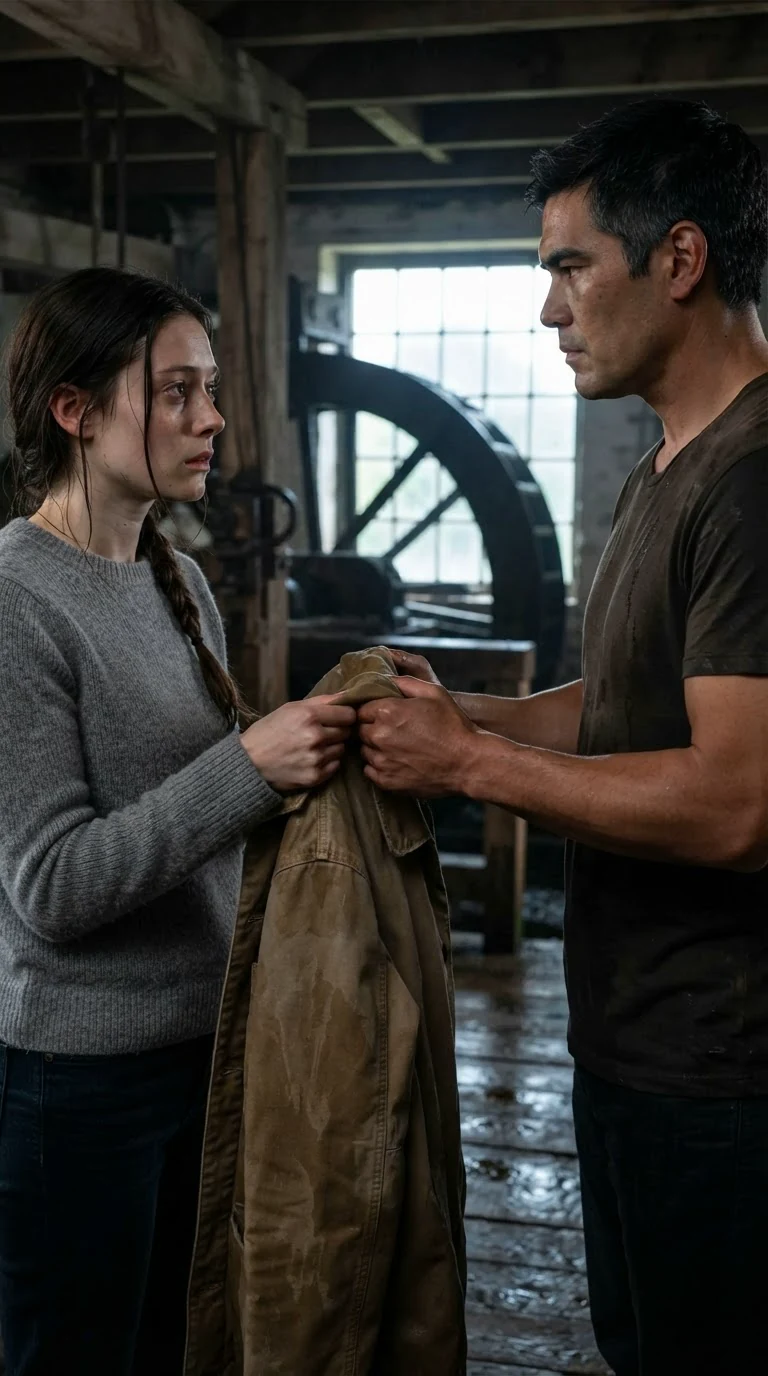 Elowen hands Bryce his wet jacket back, their hands almost touching.