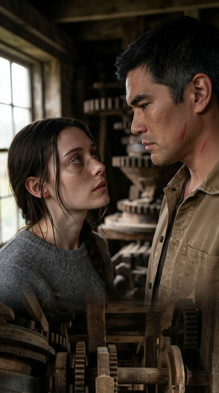 Close two-shot of Elowen looking at a faint red mark on Bryce's jaw.