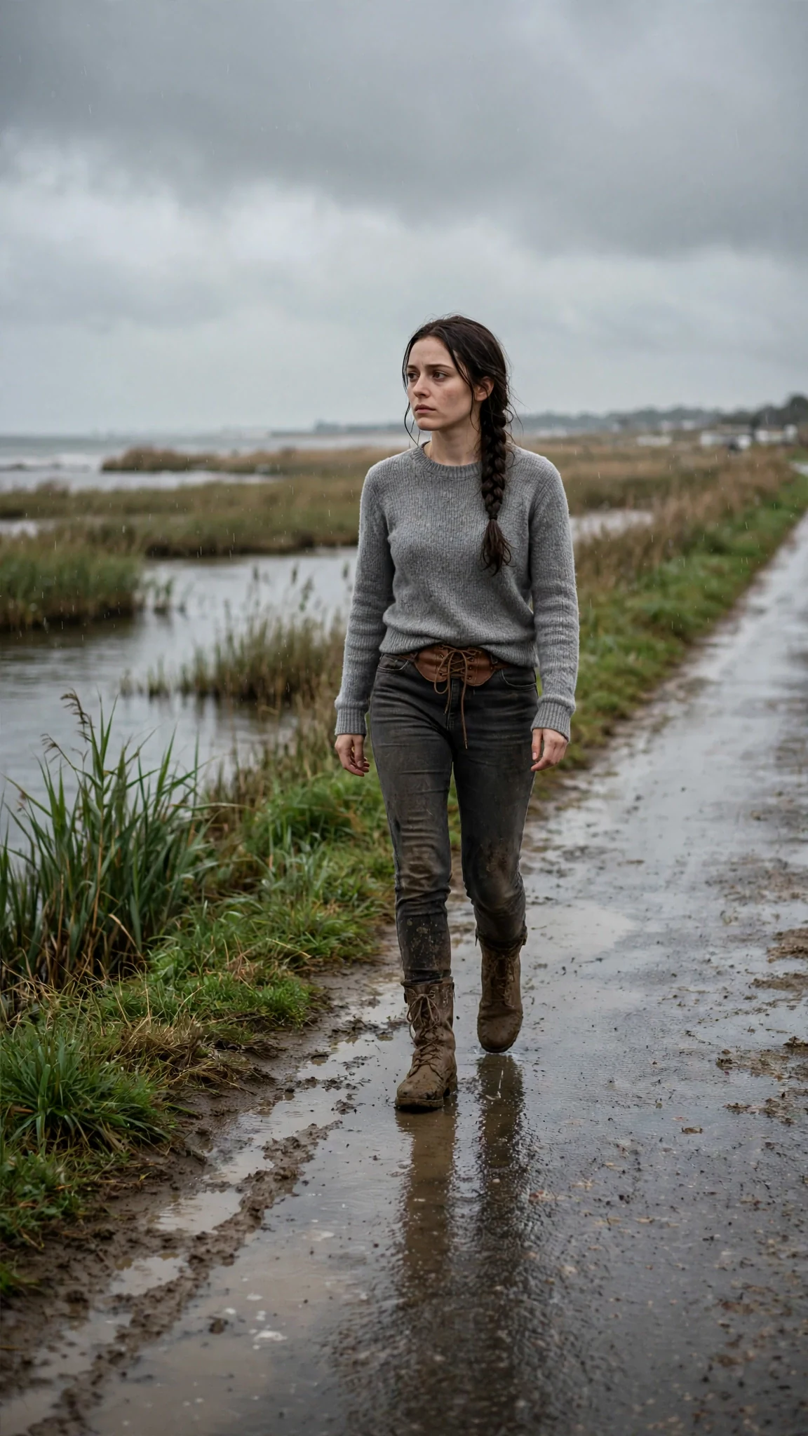 Elowen walks a muddy coastal road alone in gray morning light.