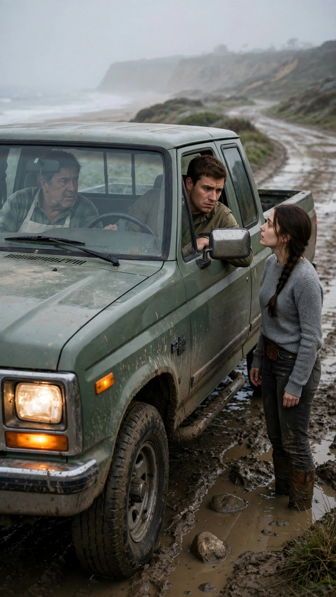 A dusty green pickup stops on the muddy road beside Elowen.